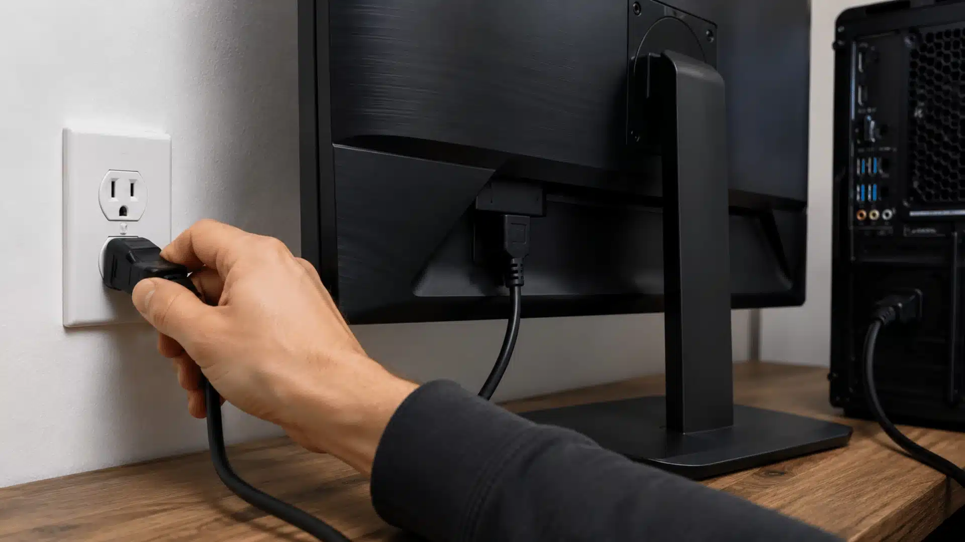 hand unplugging the monitor power cable from a wall outlet during a power cycle