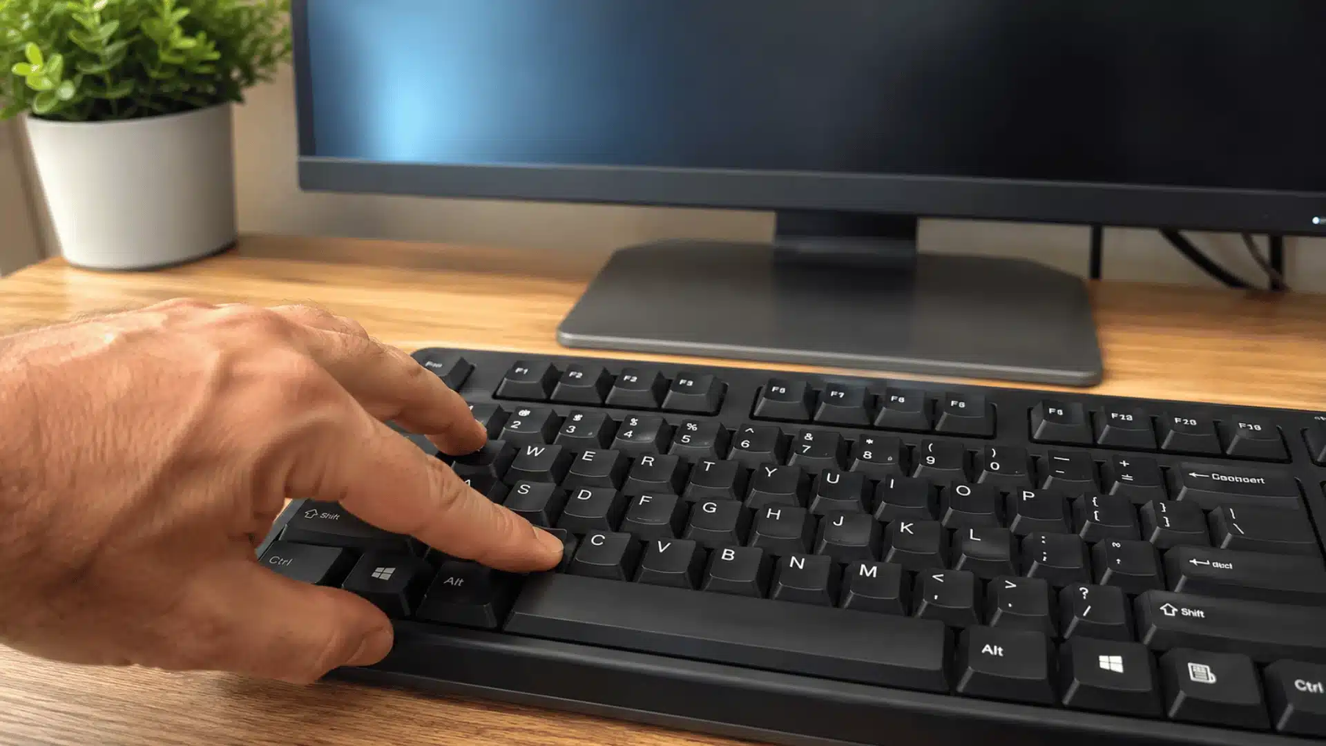 hand pressing windows ctrl shift and b to restart the graphics driver on a desktop computer