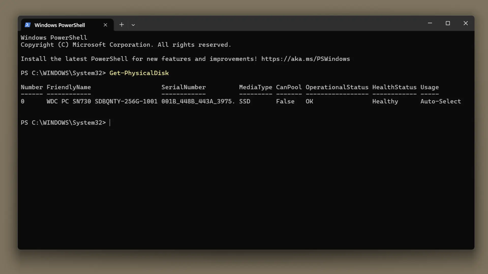 Page 3: Windows PowerShell window open at the system prompt, ready for an SSD health command.