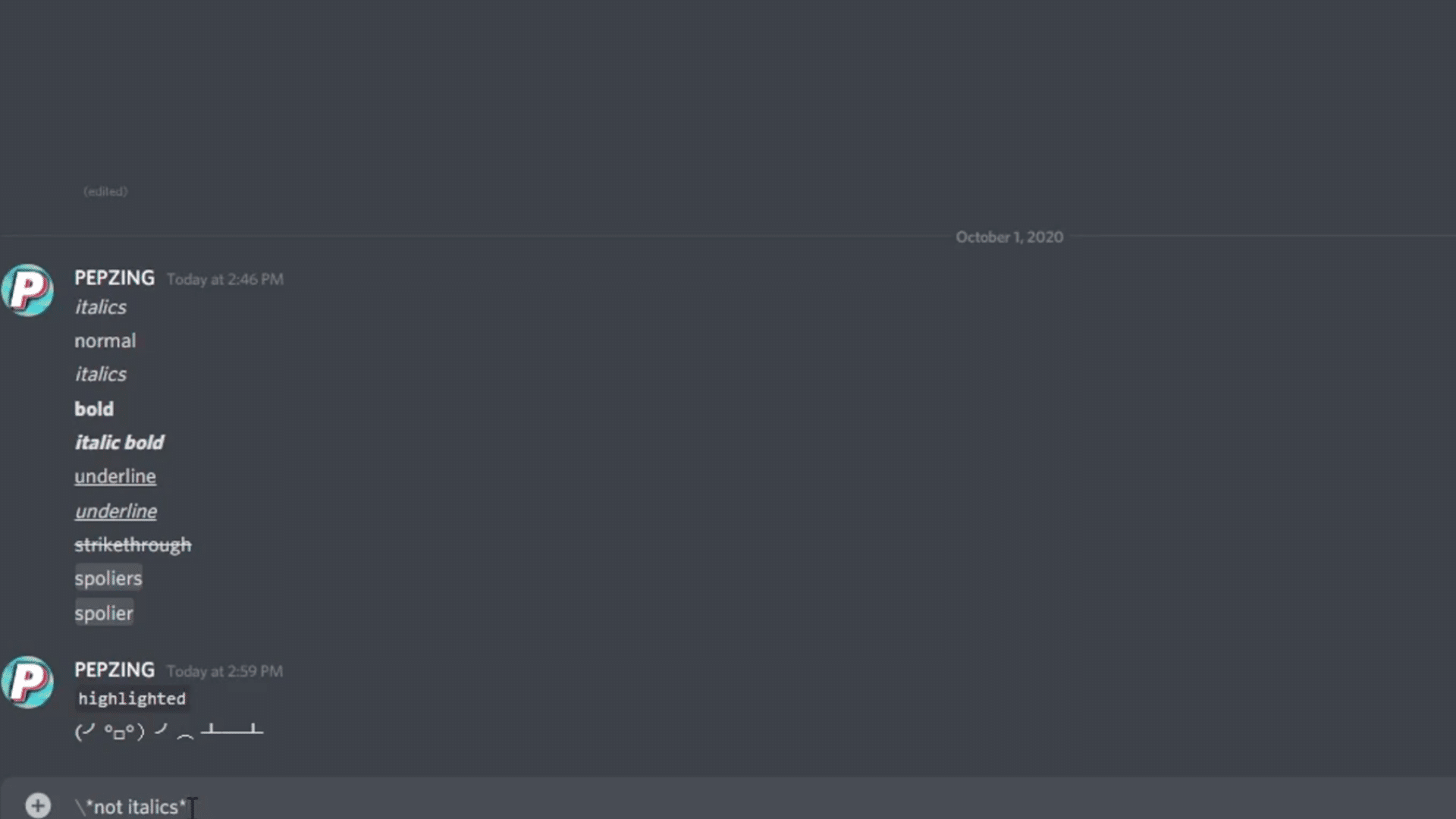 discord chat demonstrating how a backslash escapes markdown characters to display plain text instead of formatting