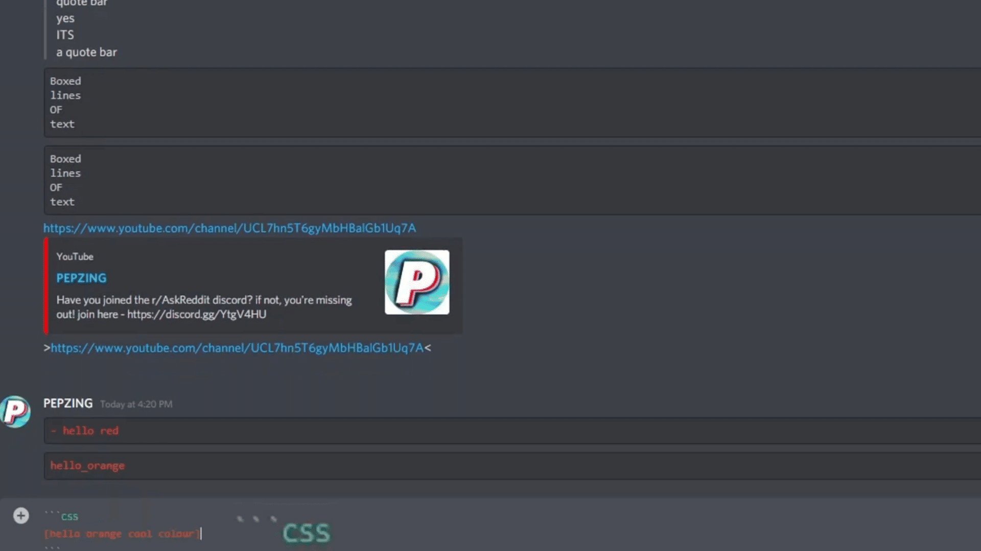 discord chat showing quote blocks boxed code sections youtube link preview and css code block formatting examples