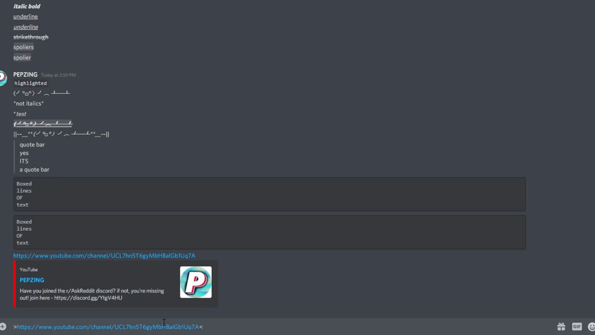 discord conversation displaying formatted text including italics bold underline strikethrough spoilers and highlighted message examples
