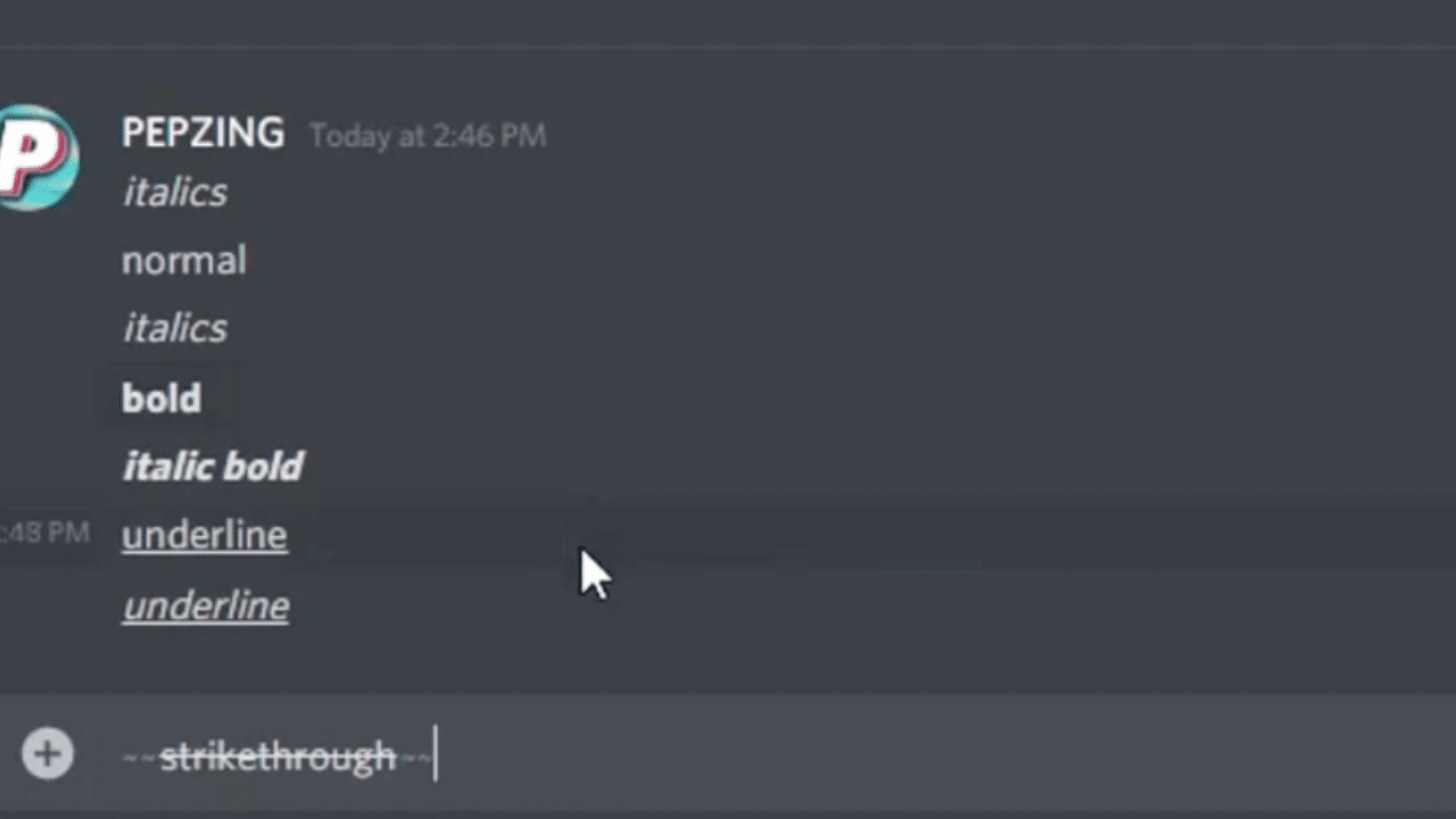 discord screen showing markdown examples for italics and bold with text explaining underscore and asterisk formatting methods