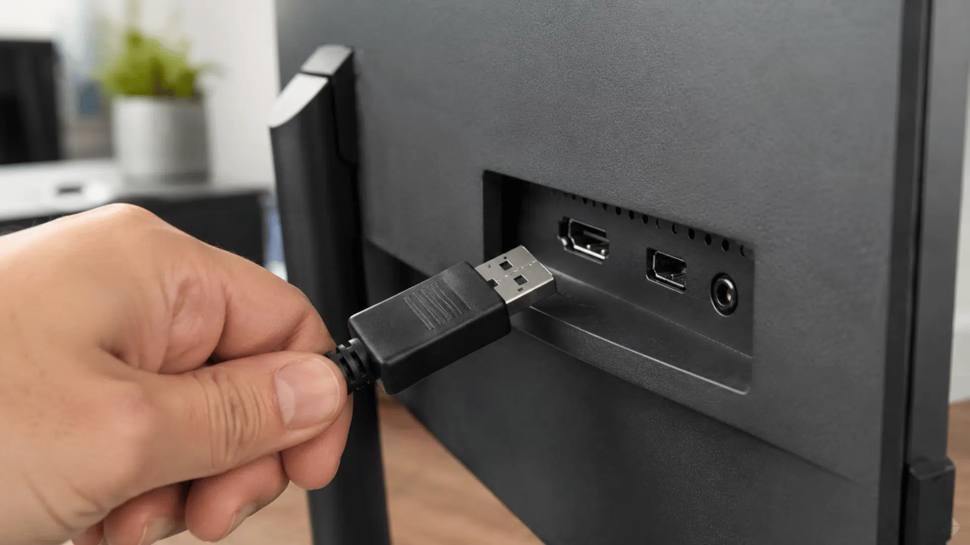 displayport cable connector being plugged into the displayport input on the back of a desktop monitor