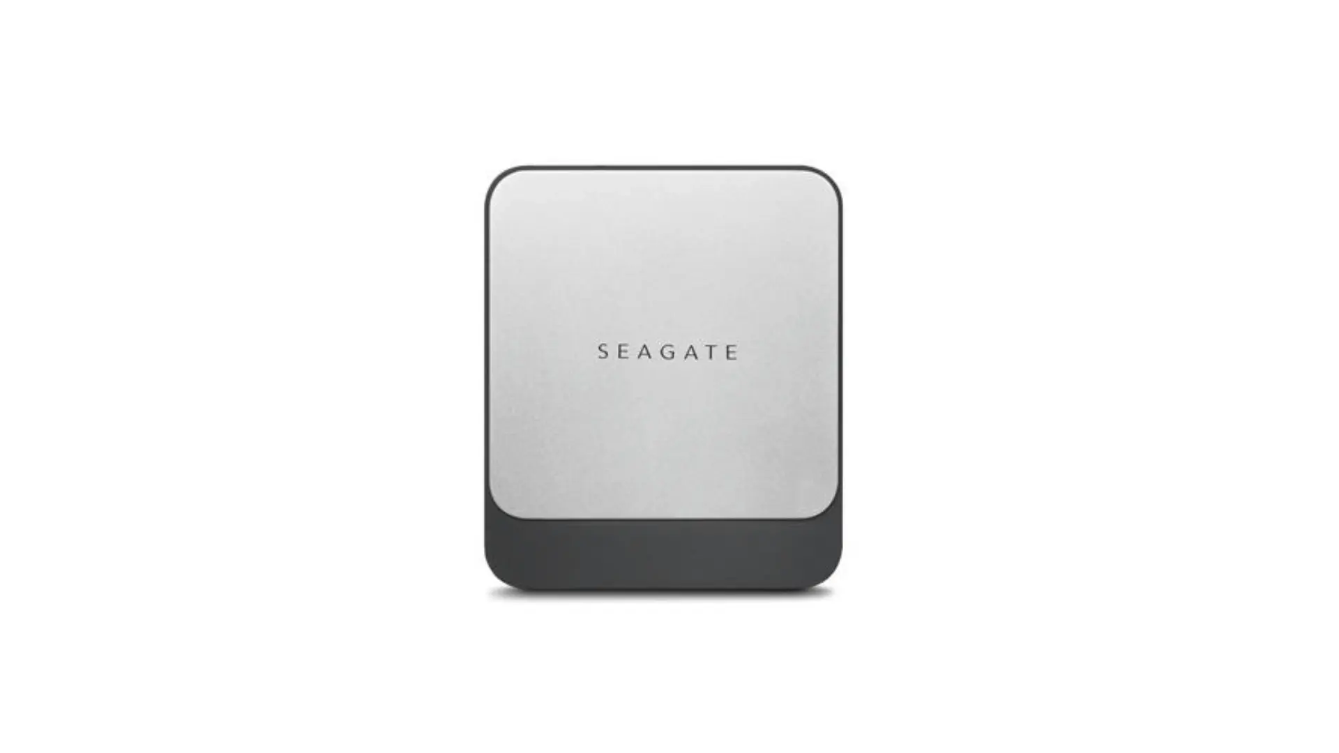 Silver and black Seagate external solid-state drive centered against a white background.