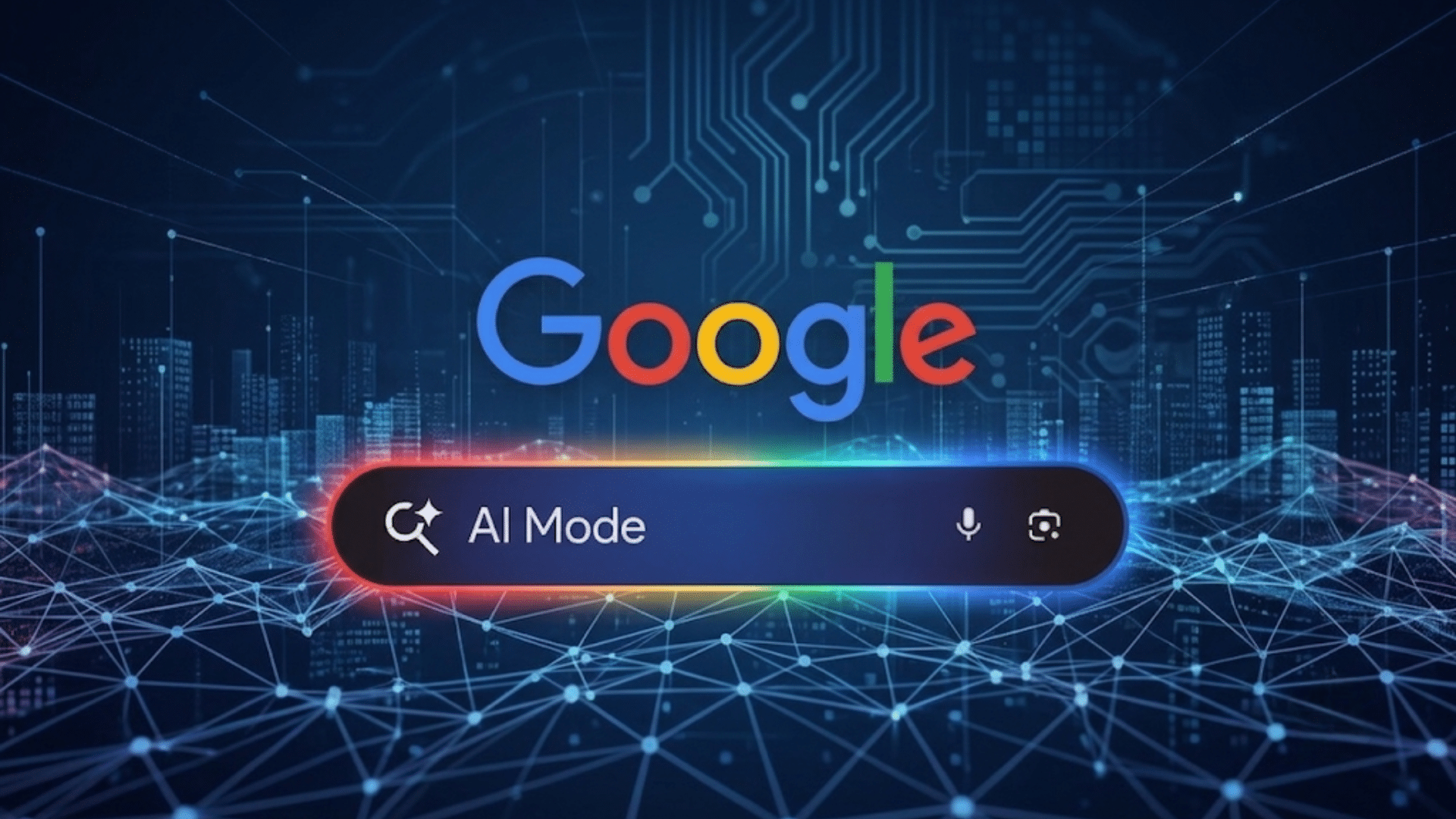 google ai mode search interface displayed with futuristic digital network background