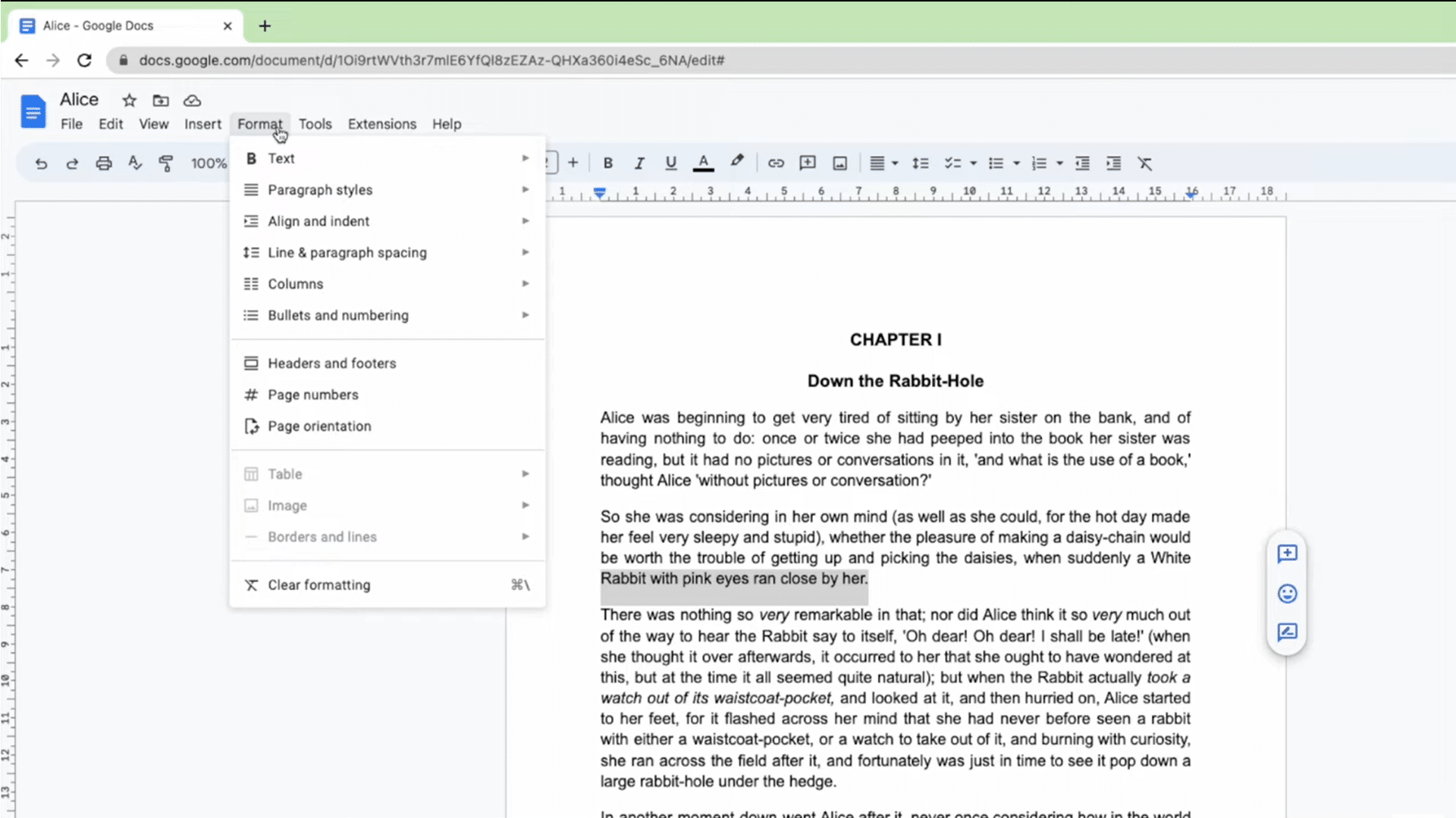 google docs format menu open with text option selected to access strikethrough formatting