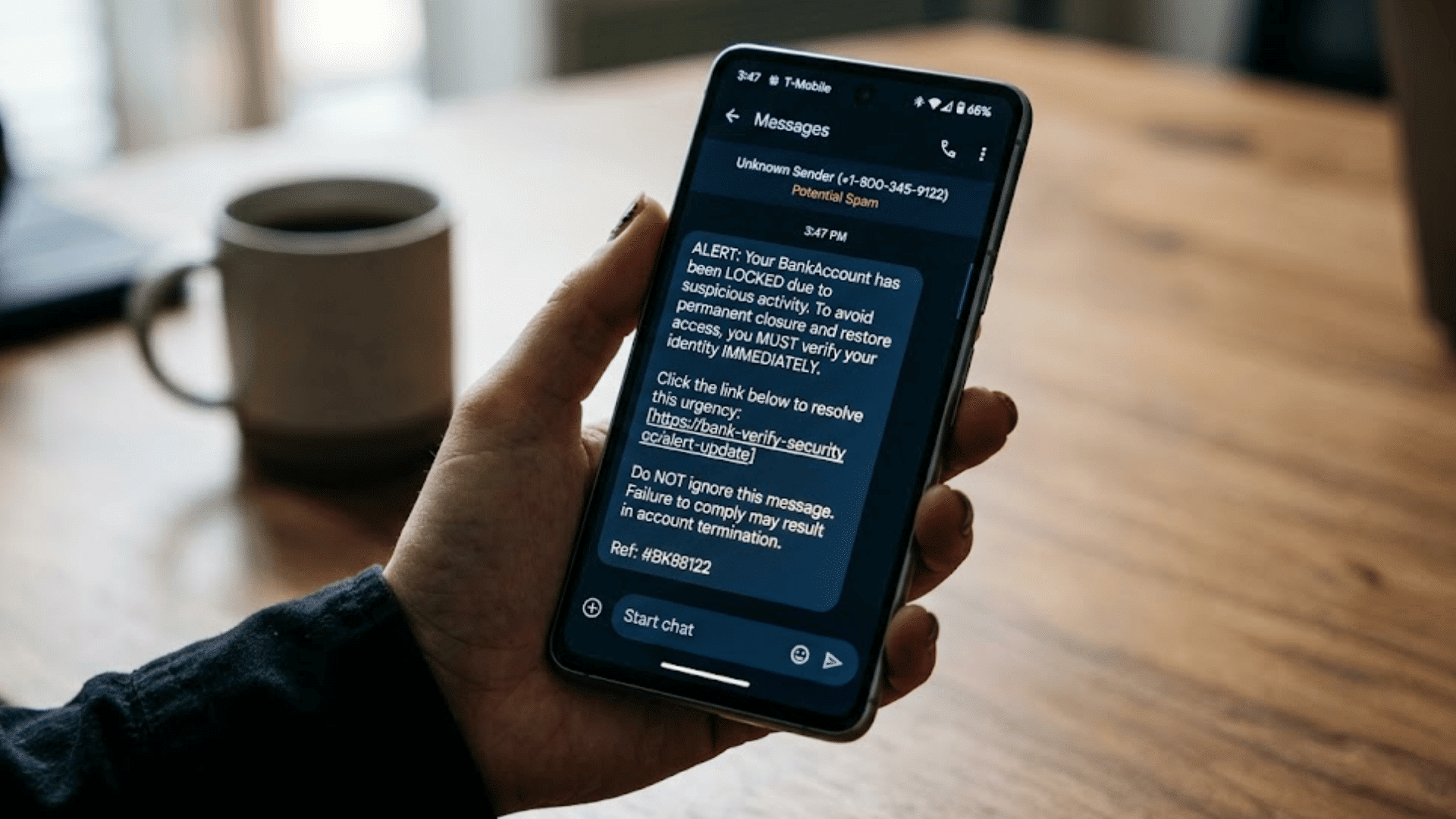 hand holding smartphone displaying fraudulent bank alert text message with suspicious verification link beside coffee on table