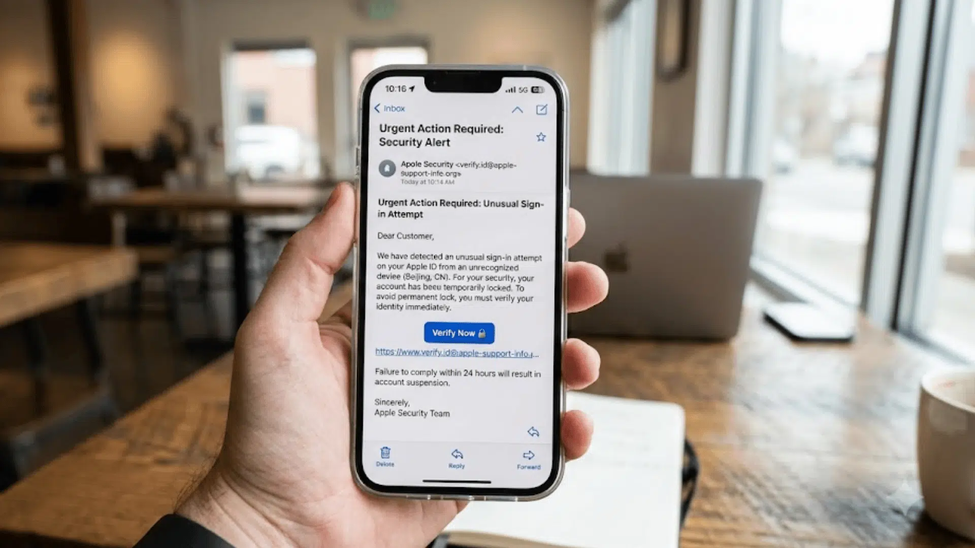 hand holding smartphone displaying suspicious security alert email in a cafe with laptop and coffee on table