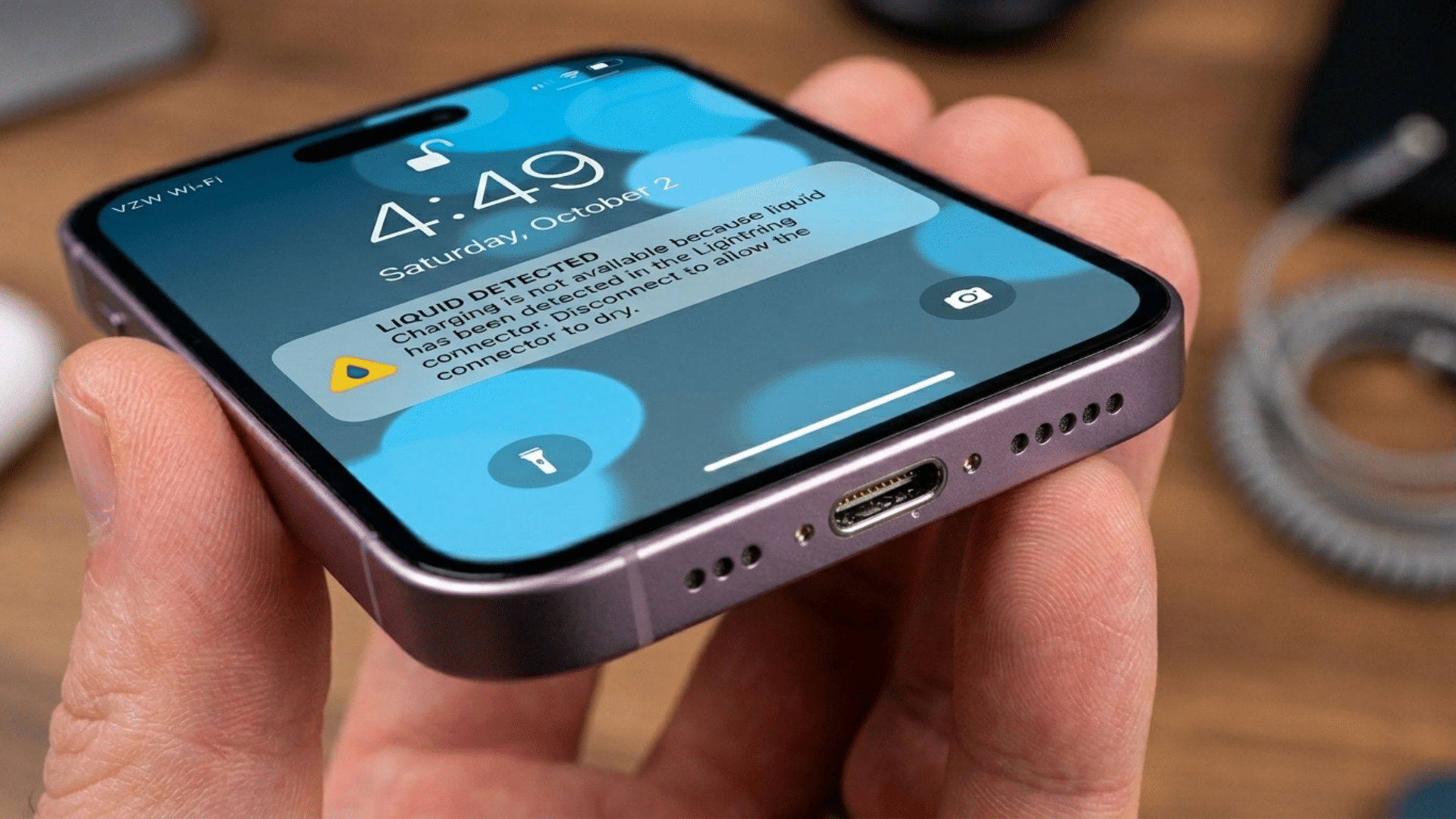 iphone displaying liquid detected warning after moisture enters lightning connector charging port