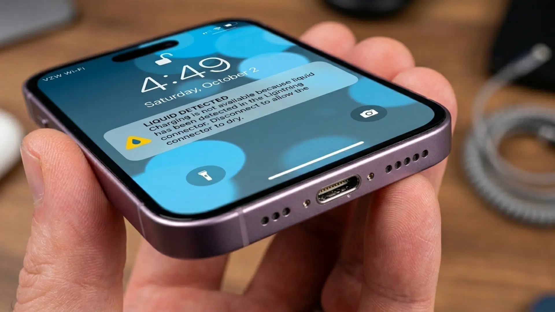 iphone displaying liquid detected warning after moisture enters lightning connector charging port
