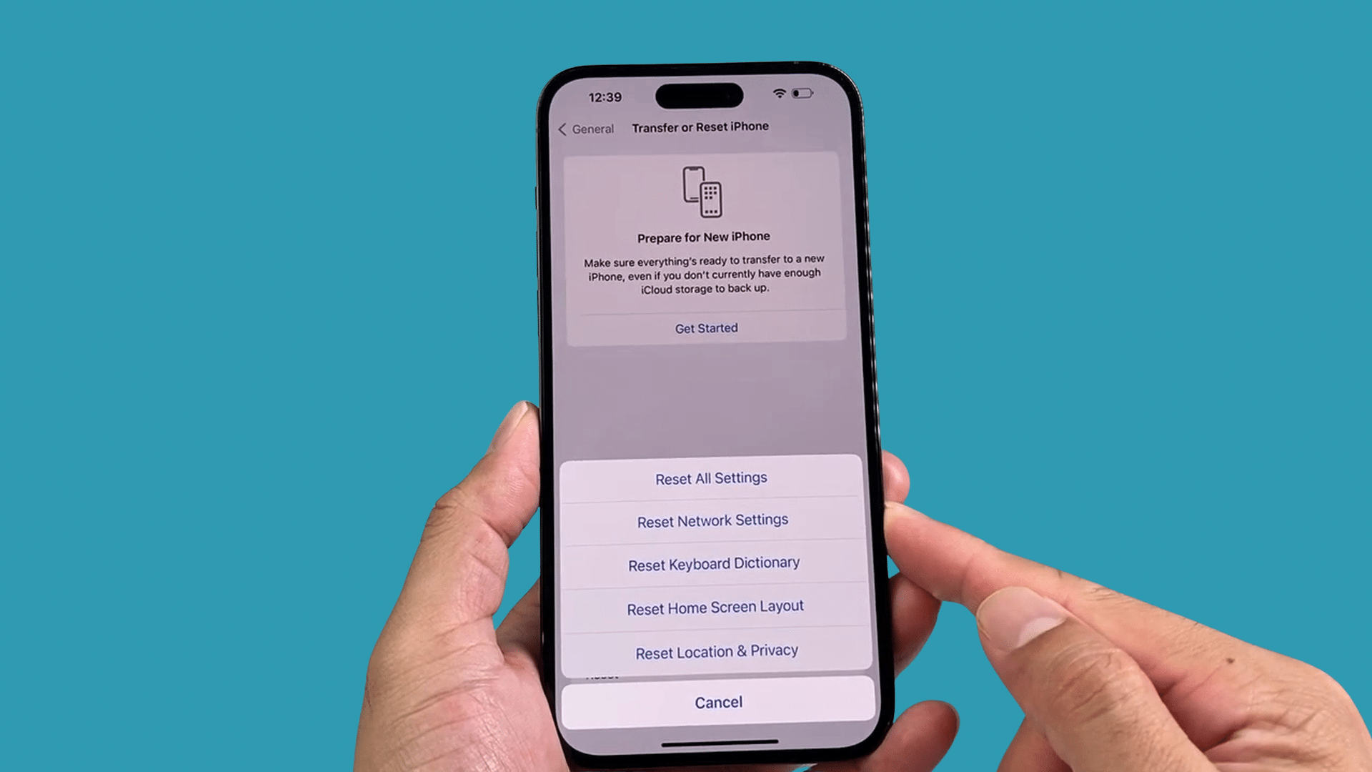 iphone displaying reset menu with network keyboard home screen and privacy options