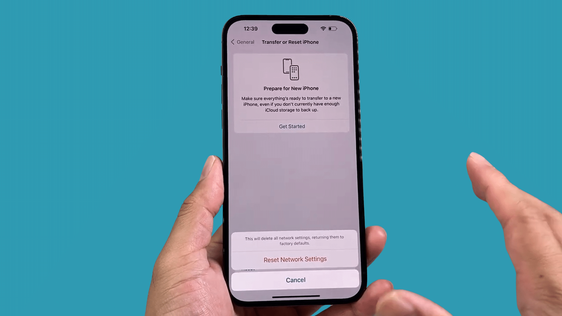 iphone displaying reset network settings option in transfer or reset iphone menu