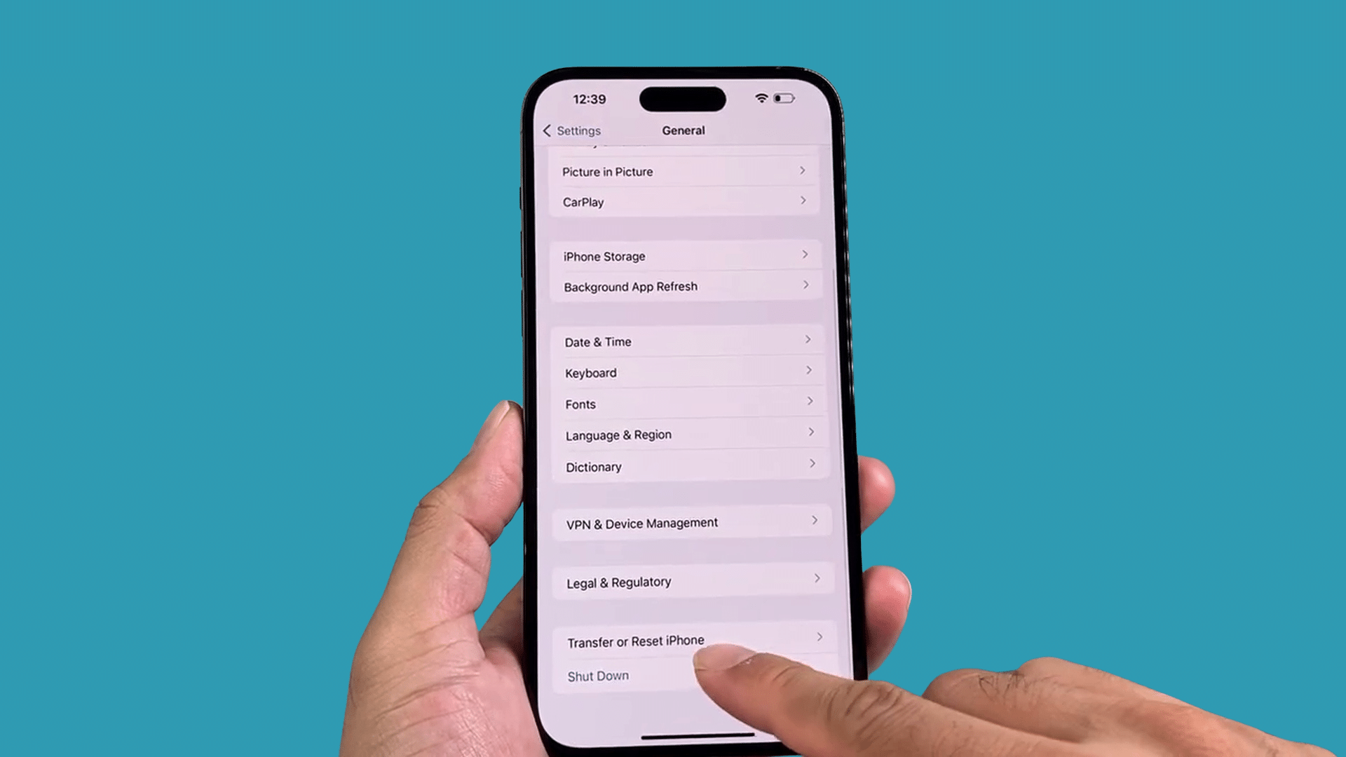 iphone general settings page with transfer or reset iphone option highlighted