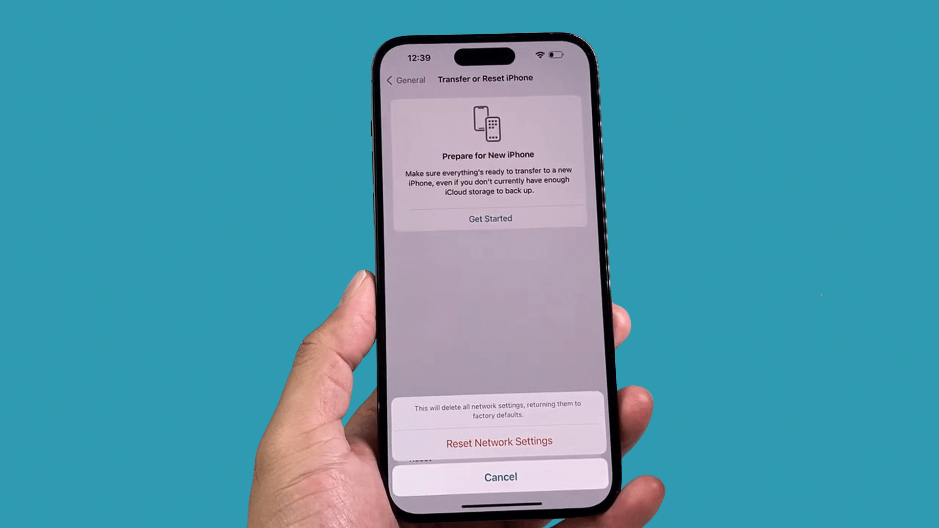 iphone showing reset network settings confirmation with cancel option below