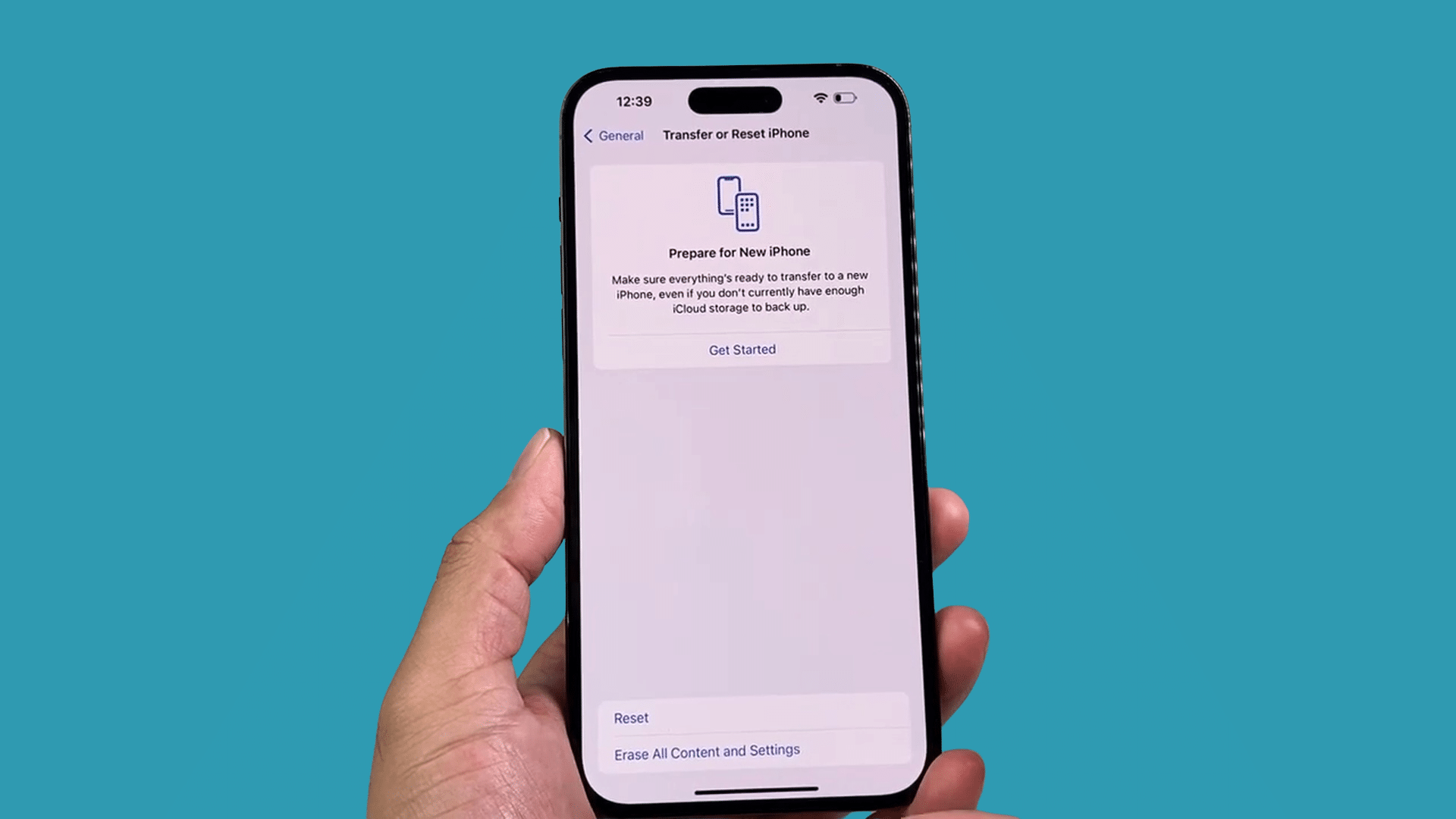 iphone transfer or reset screen showing erase all content and settings option