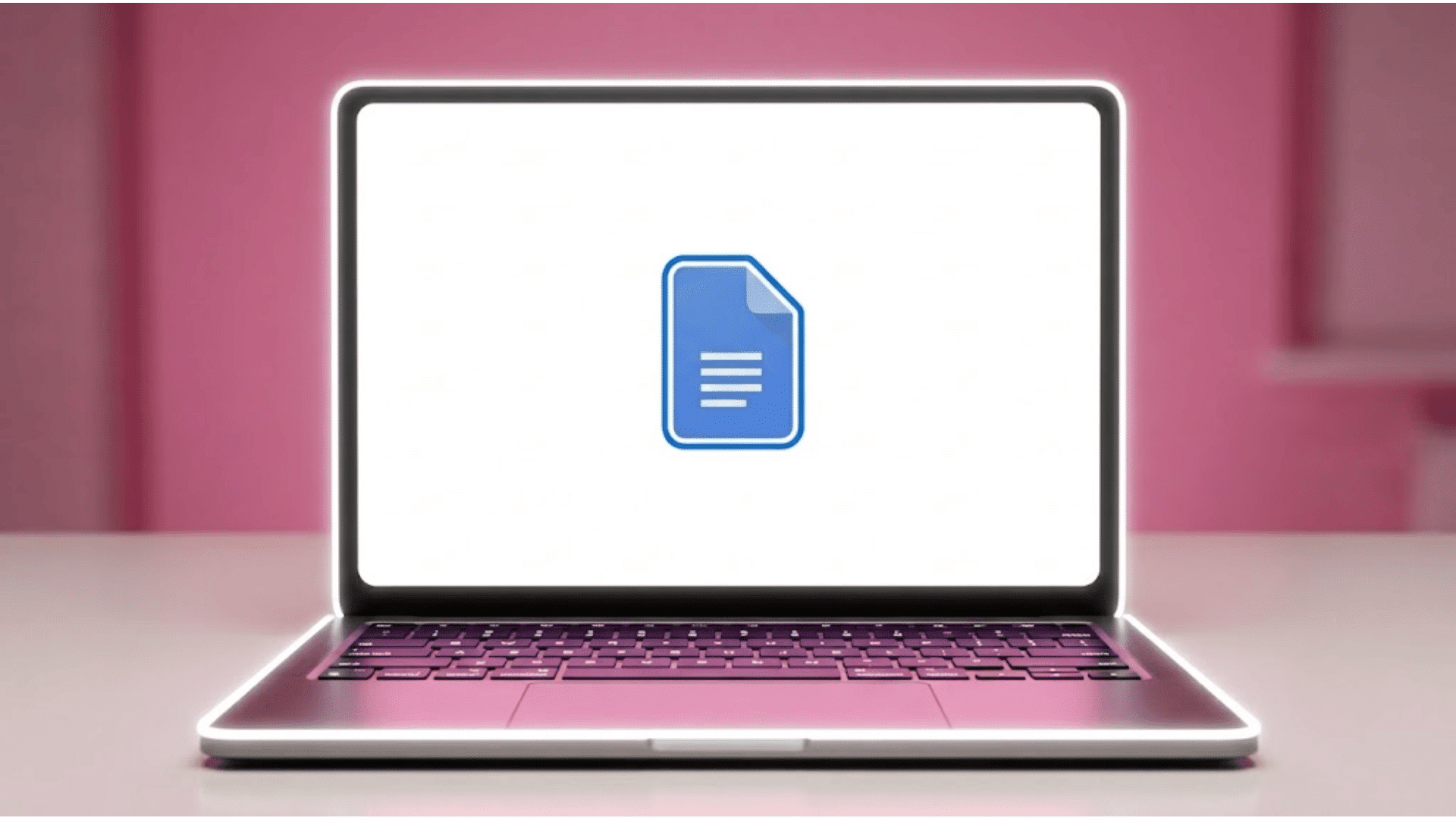 laptop displaying google document file icon on a white screen against a pink background on a desk
