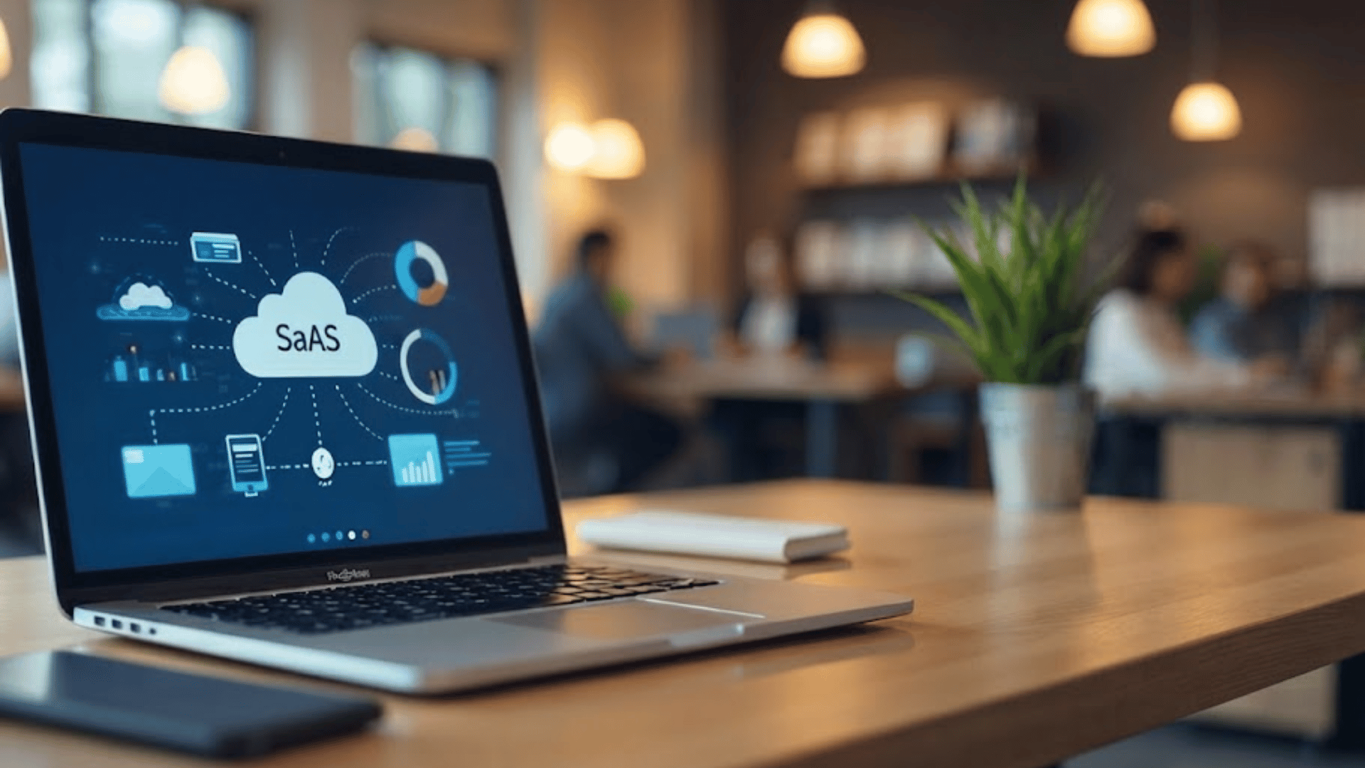 laptop displaying saas cloud software dashboard on a desk in a modern office with coworkers working in the background
