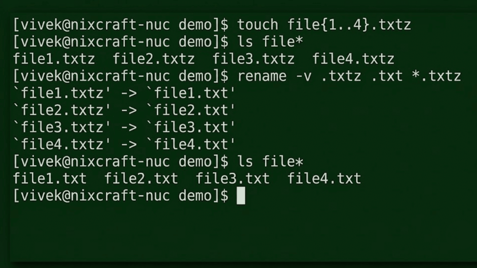 linux terminal showing batch rename command changing file extensions from txtz to txt and listing renamed files successfully