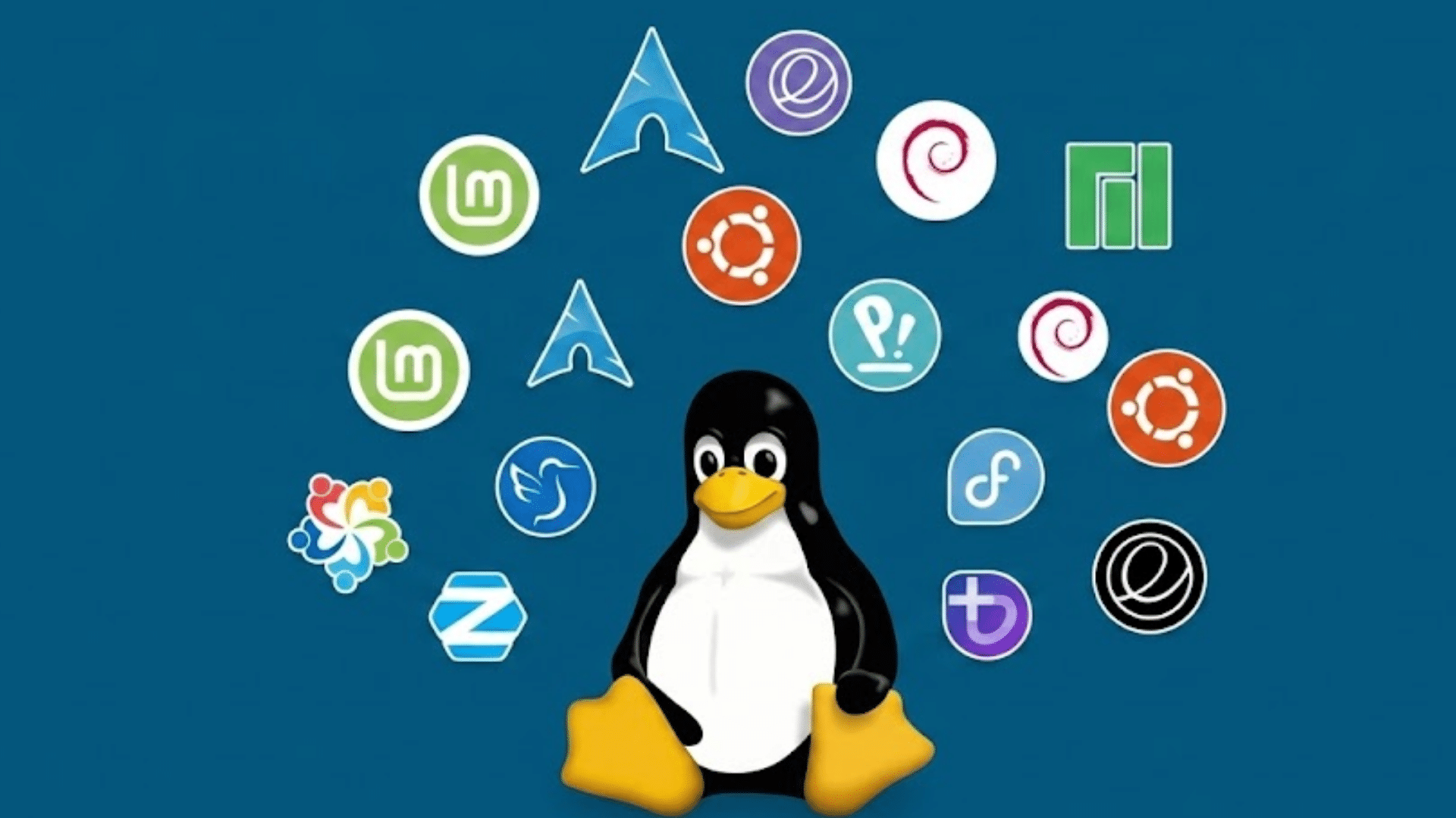 linux tux mascot surrounded by popular linux distribution logos on a blue background representing multiple operating system choices