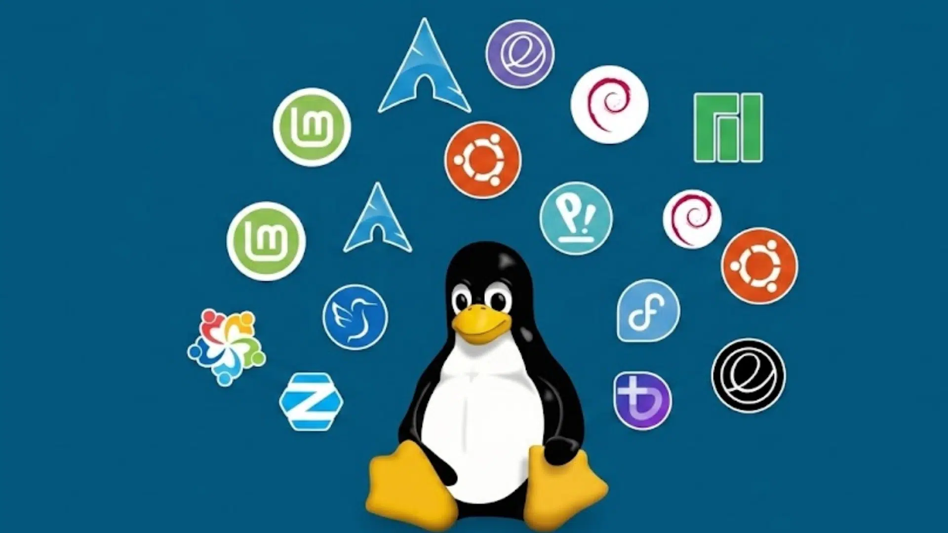 linux tux mascot surrounded by popular linux distribution logos on a blue background representing multiple operating system choices