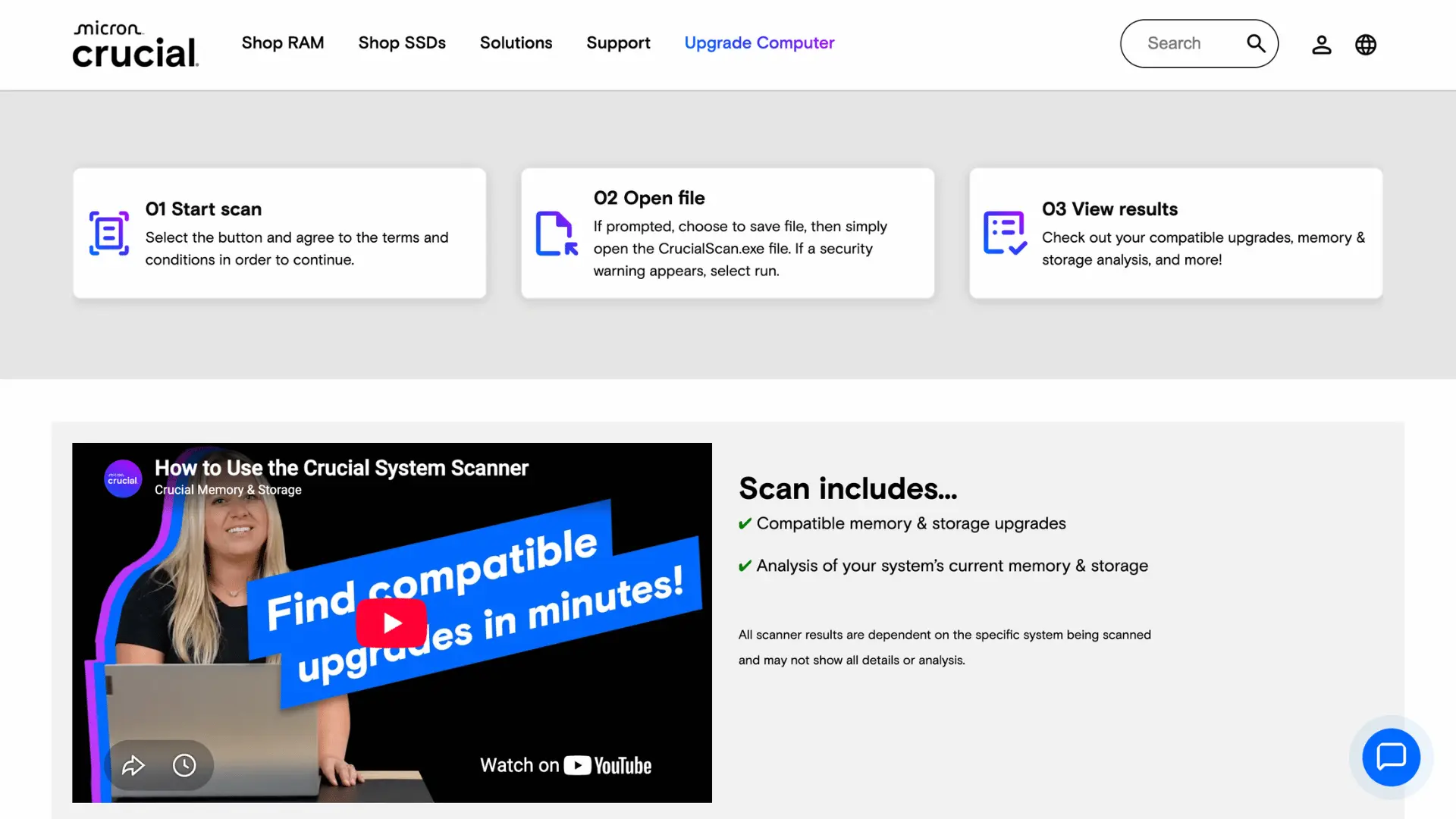 Crucial System Scanner webpage showing three scan steps and a storage upgrade video.