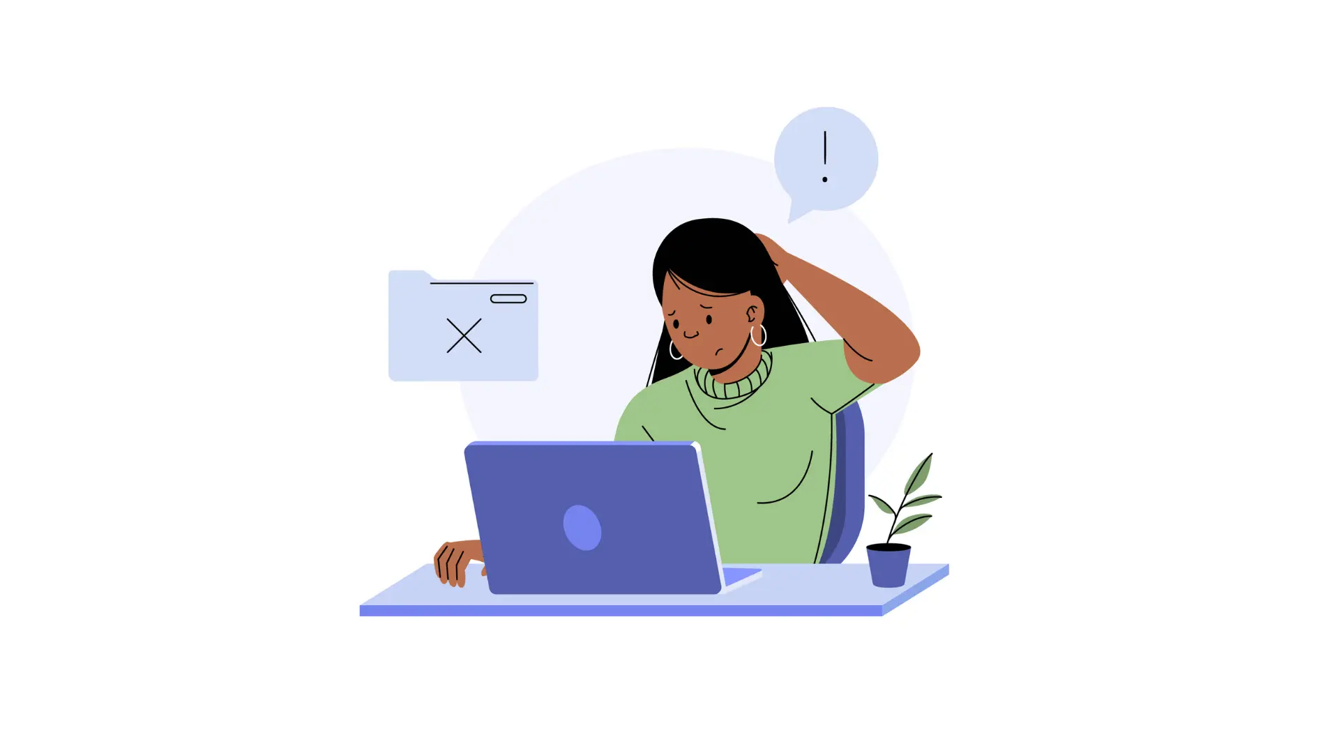 woman holding her head in confusion while her laptop shows and error message vector illustration