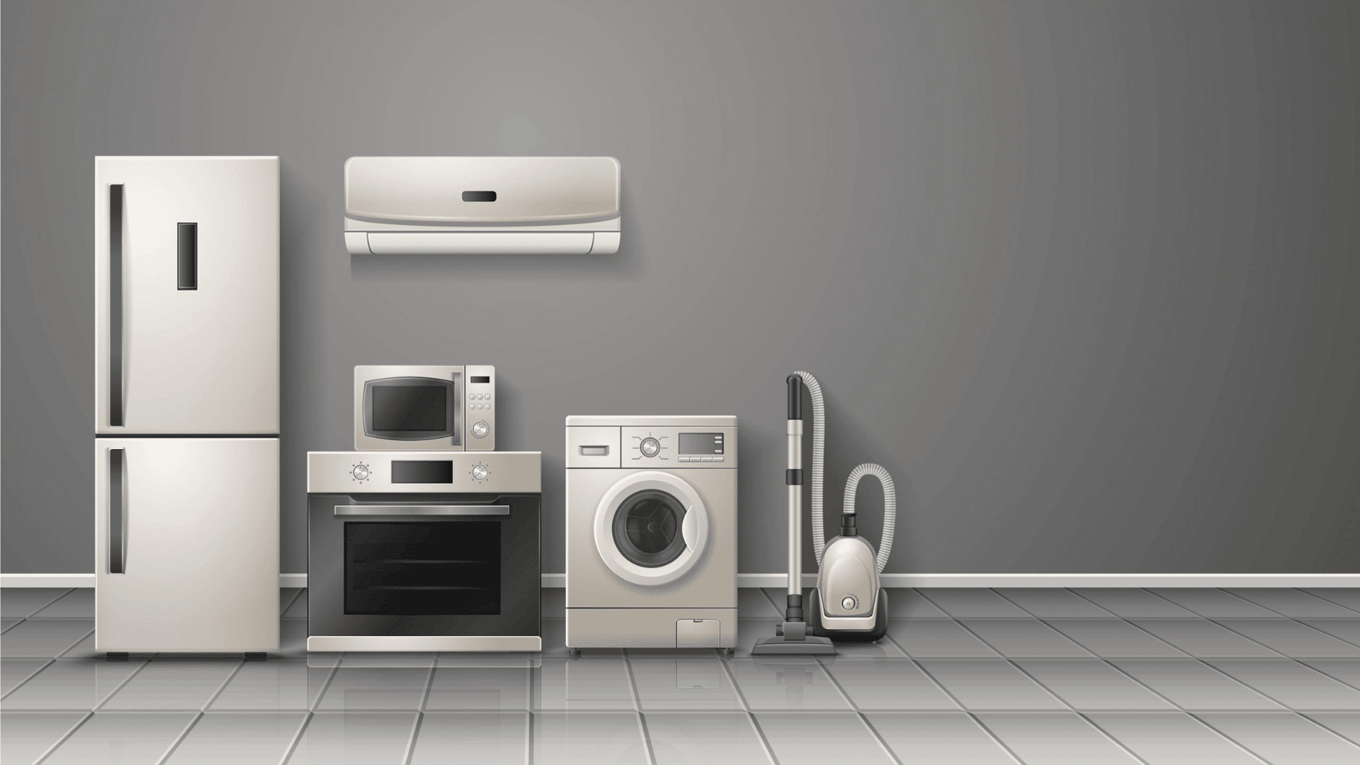 modern household appliances including refrigerator oven washer microwave vacuum cleaner and wall mounted air conditioner
