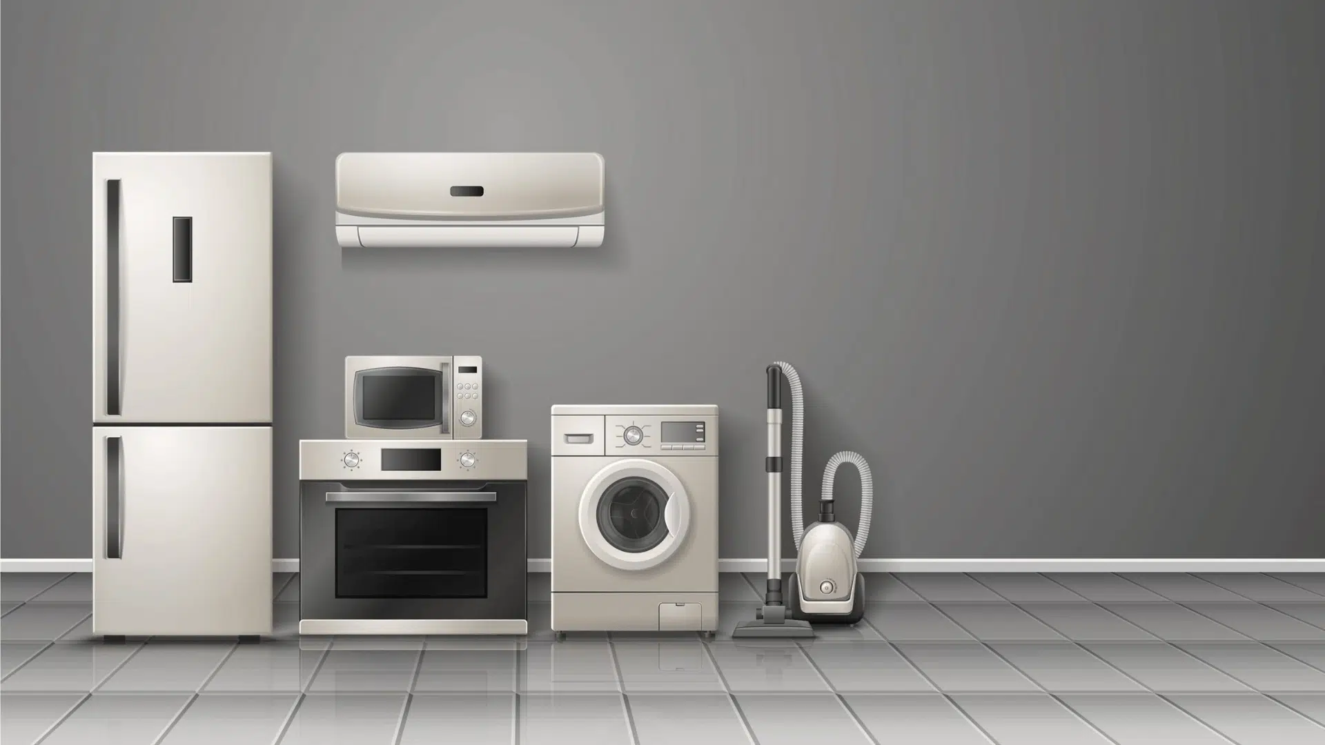 modern household appliances including refrigerator oven washer microwave vacuum cleaner and wall mounted air conditioner