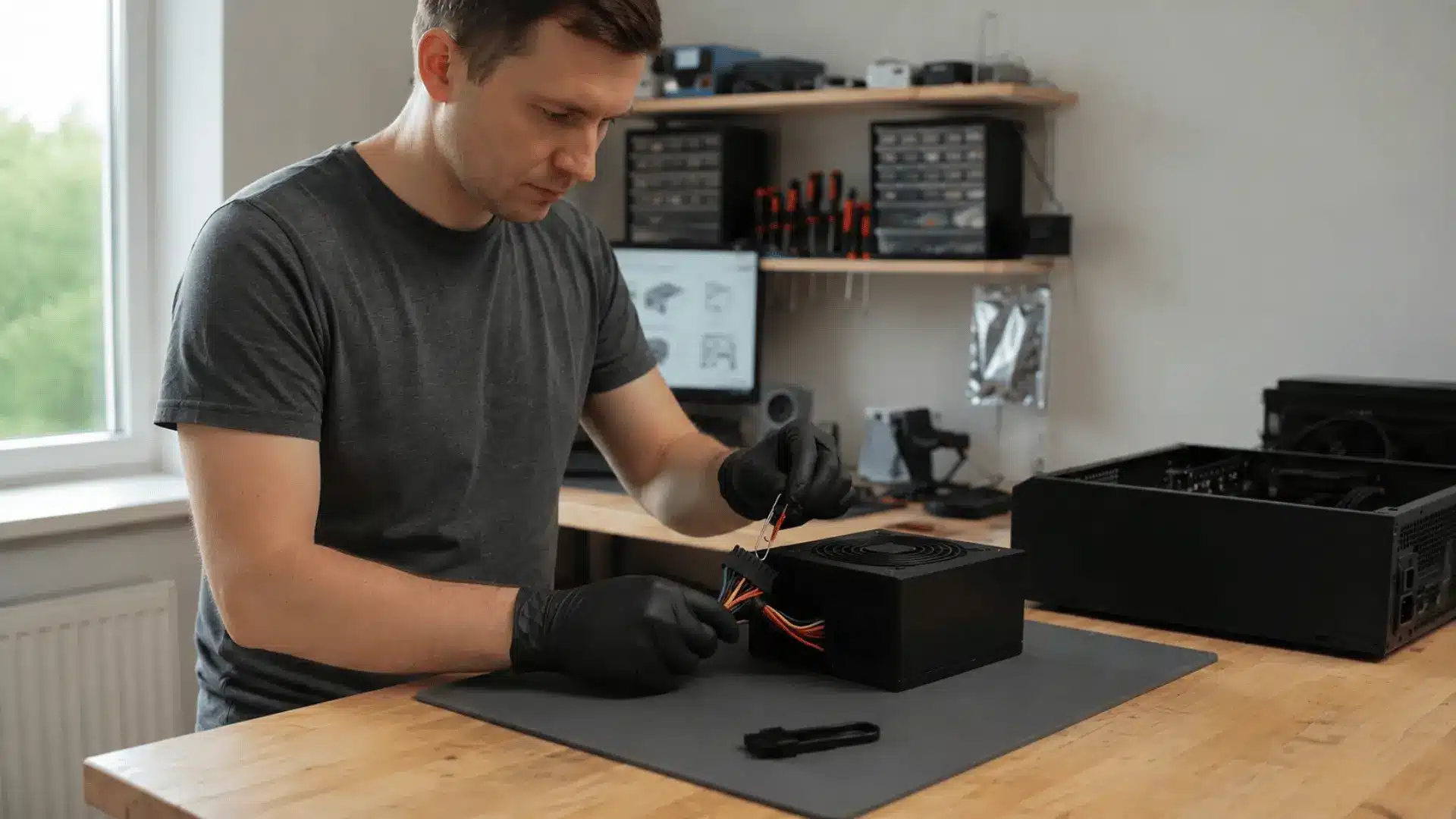 a man wearing black gloves inspects power supply cables on a workbench beside an open desktop computer case