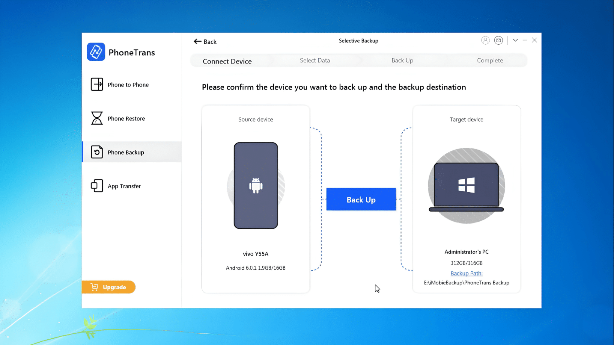 phonetrans backup screen showing an android phone selected as the source device and a windows computer chosen as the backup destination for data transfer and storage