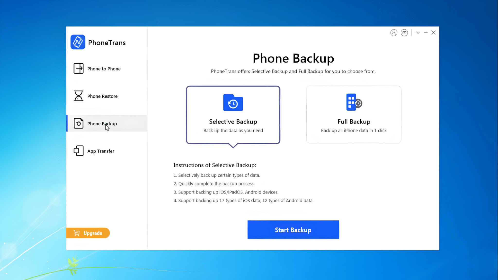 phonetrans software displaying phone backup options with selective backup and full backup choices for saving mobile device data to a computer system