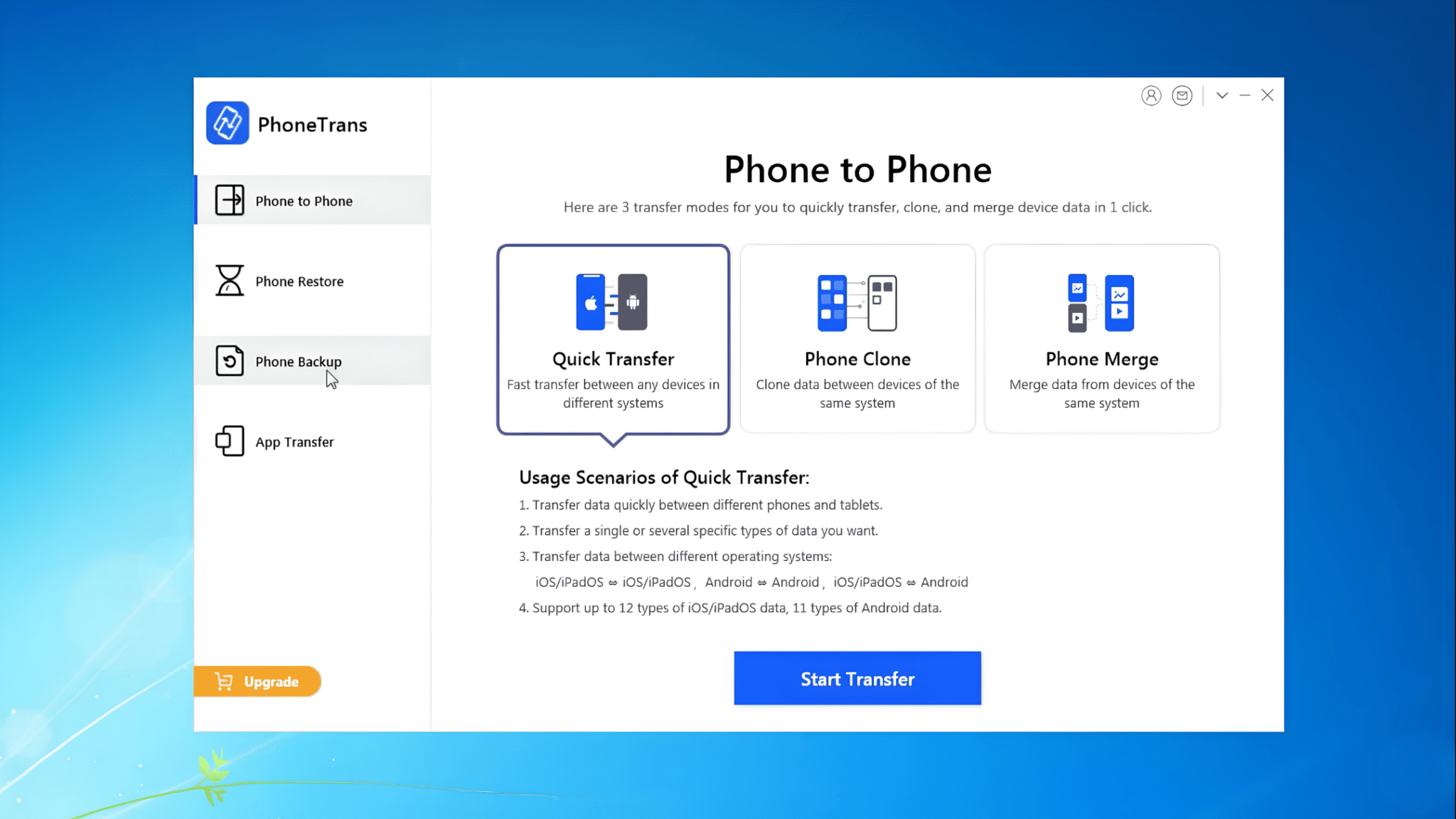 phonetrans software displaying phone to phone transfer options including quick transfer phone clone and phone merge for moving data between mobile devices