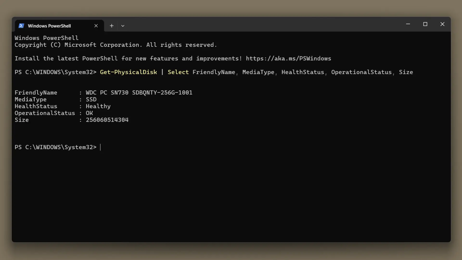 PowerShell window showing an SSD marked healthy with its operational status, type, and size.