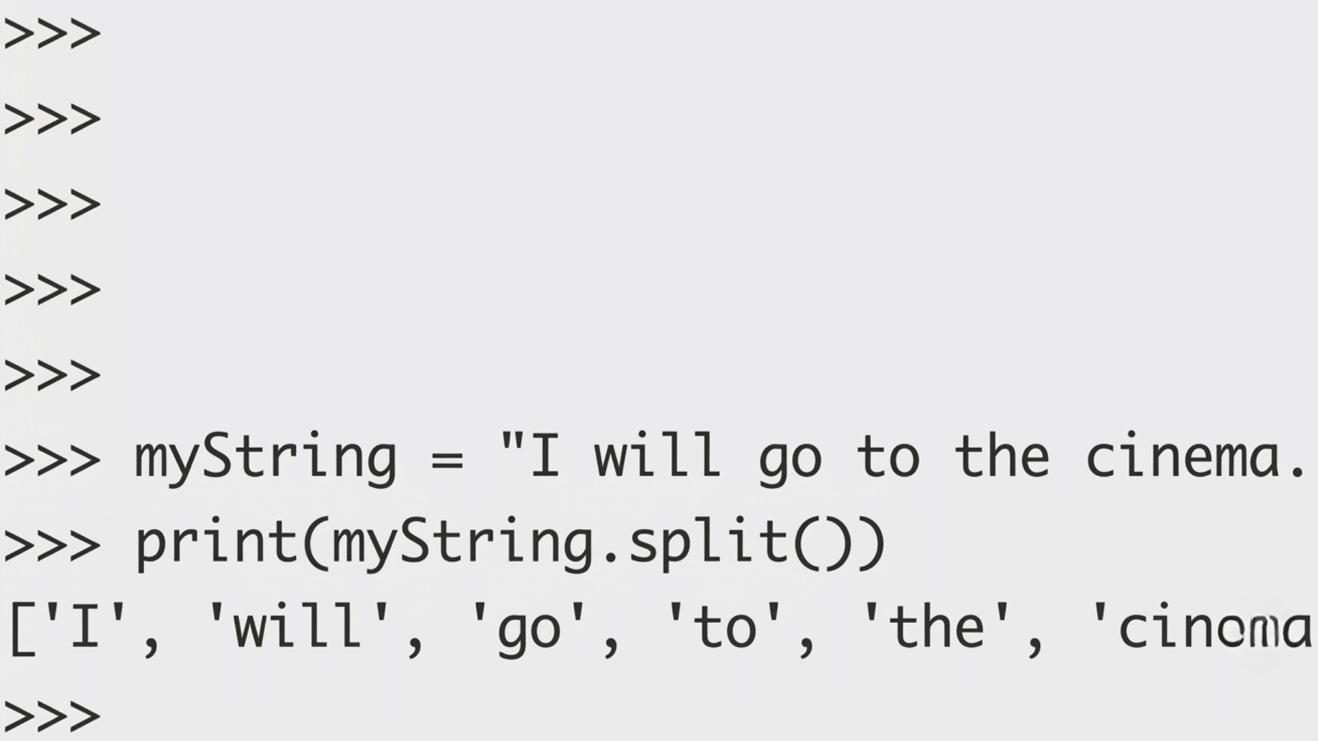 python console showing a string split method converting a sentence into a list of individual words displayed as output (2)