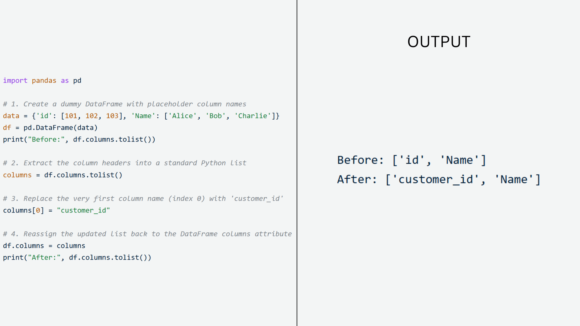 python pandas example showing column names converted to a list edited and reassigned with before and after output comparison