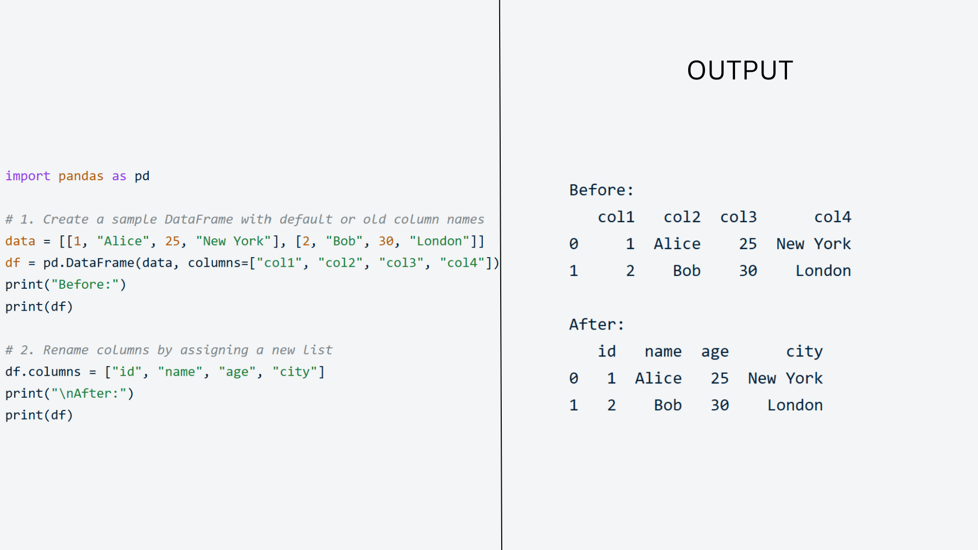 python pandas example showing dataframe column names renamed by assigning a new columns list with before and after output displayed