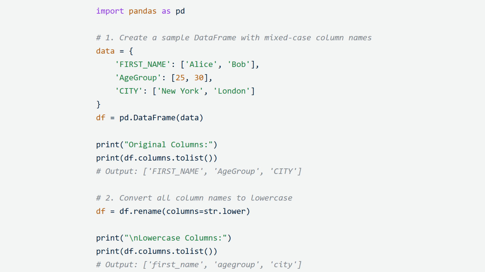 python pandas example using rename with str lower to convert dataframe column names from mixed case to lowercase automatically
