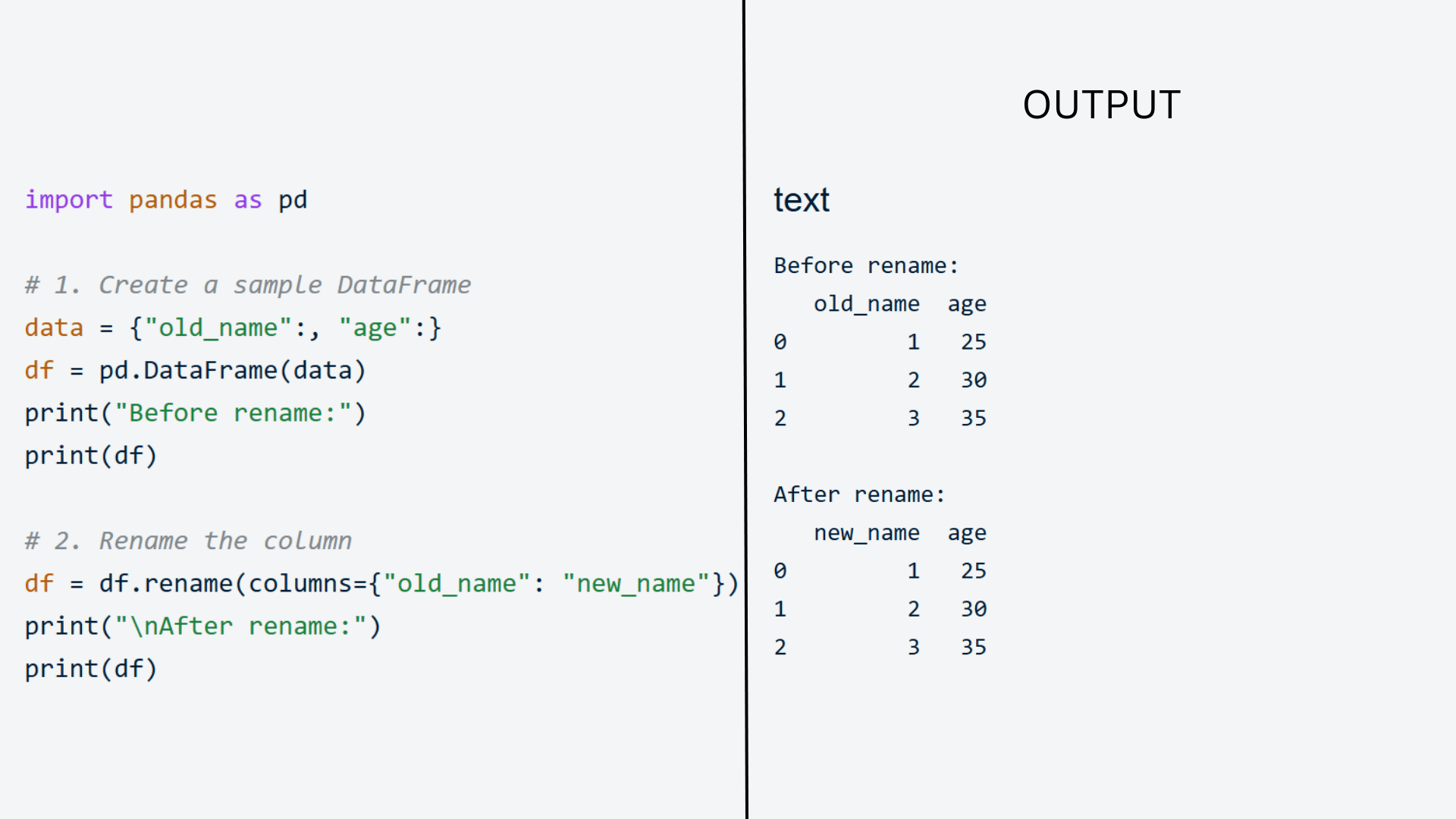 python pandas rename column example showing dataframe column renamed from old name to new name with output comparison