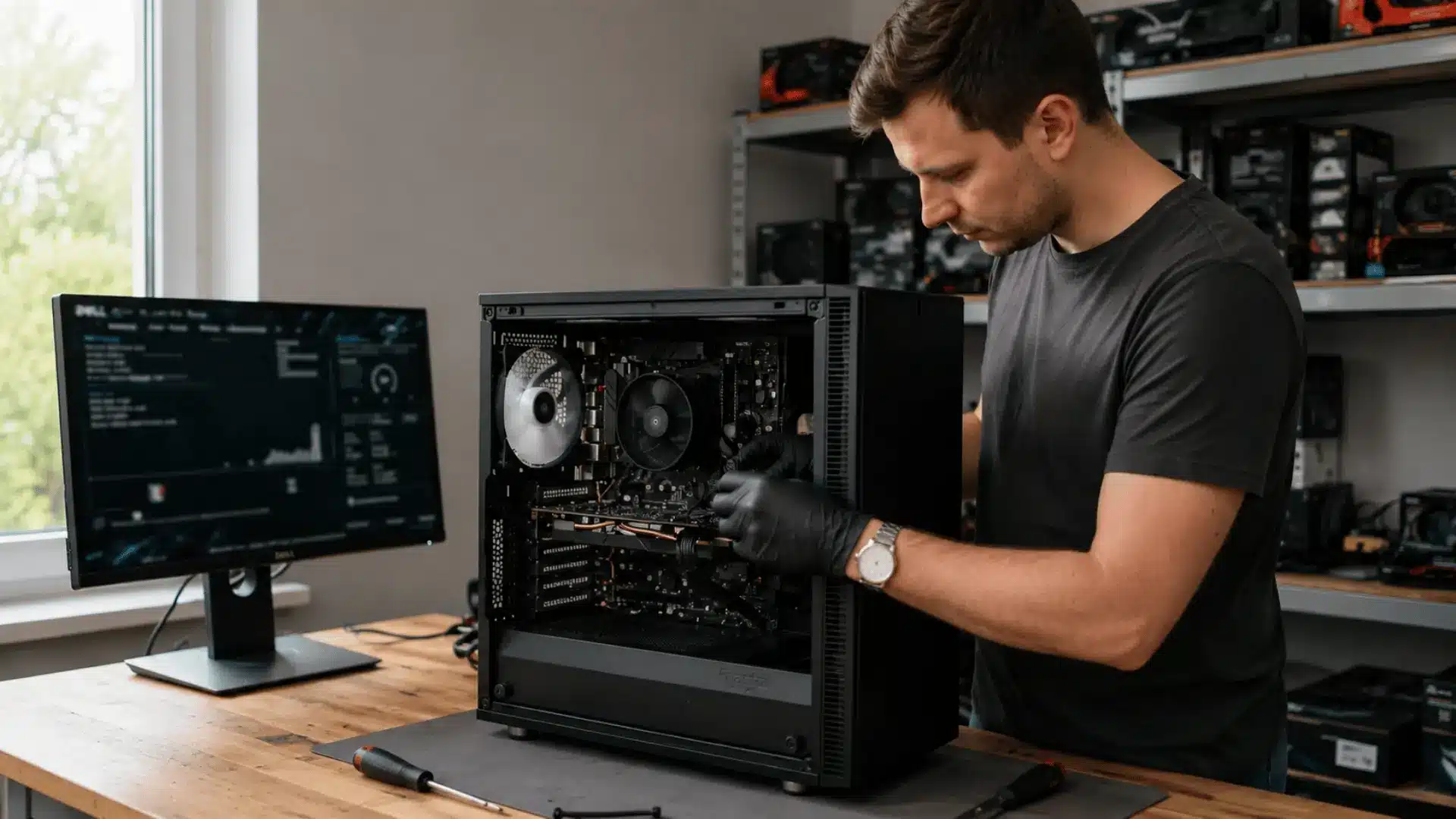 a man wearing black gloves works inside an upright desktop computer beside a monitor in a repair workshop