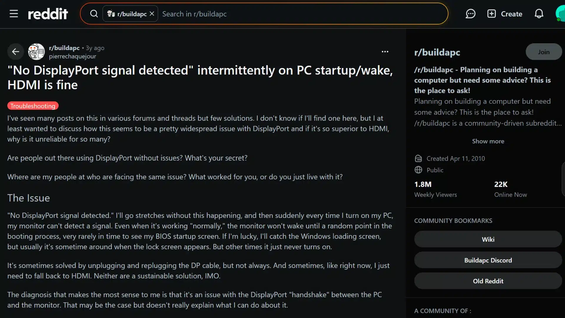 reddit post discussing intermittent displayport signal loss during pc startup or wake