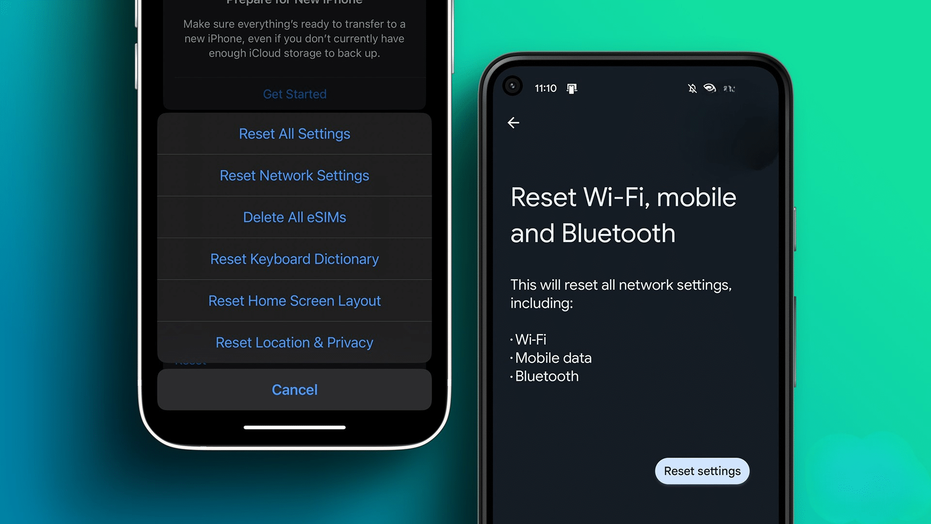 reset network settings options displayed on iphone and android showing wifi mobile data and bluetooth reset without deleting personal data