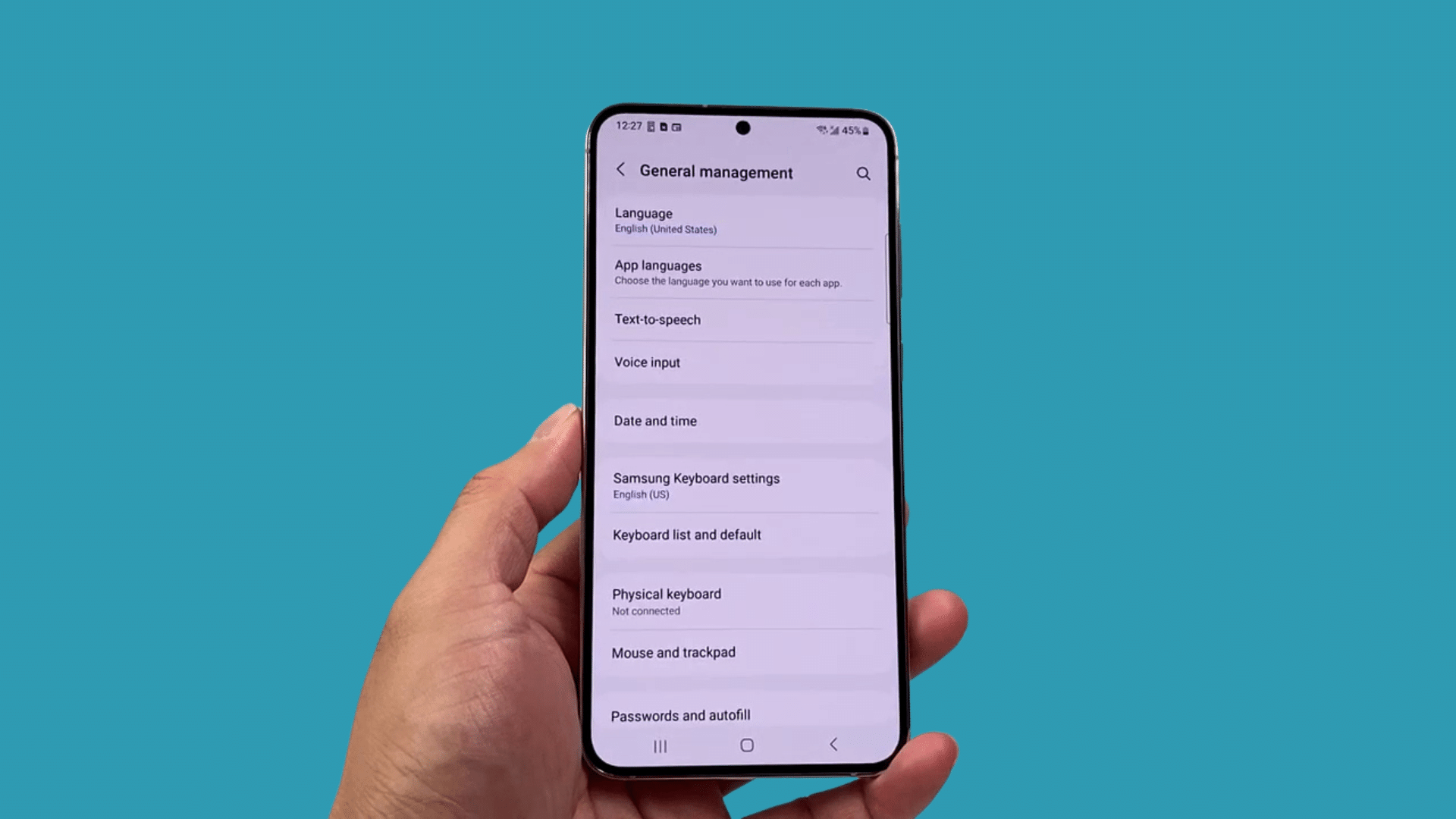 samsung phone general management settings page showing language keyboard and date time options