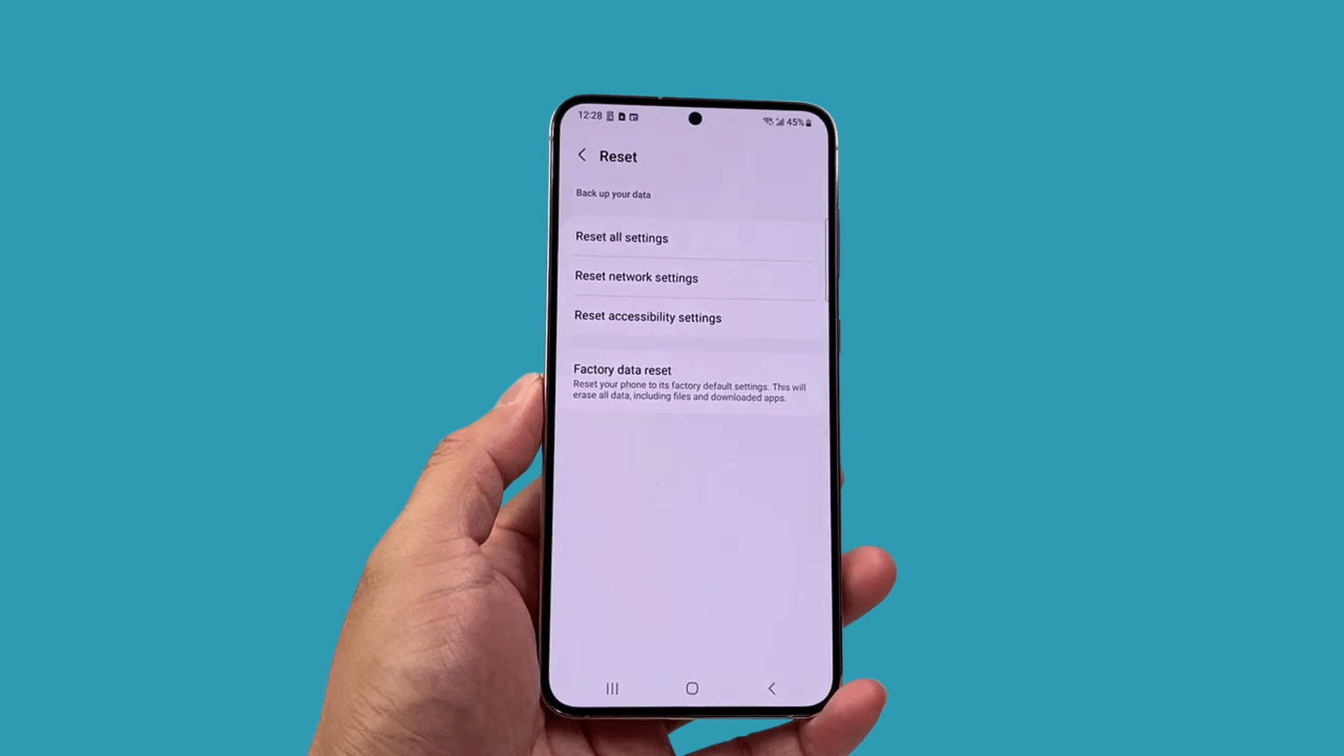 samsung phone reset menu displaying reset all settings network settings accessibility and factory data reset