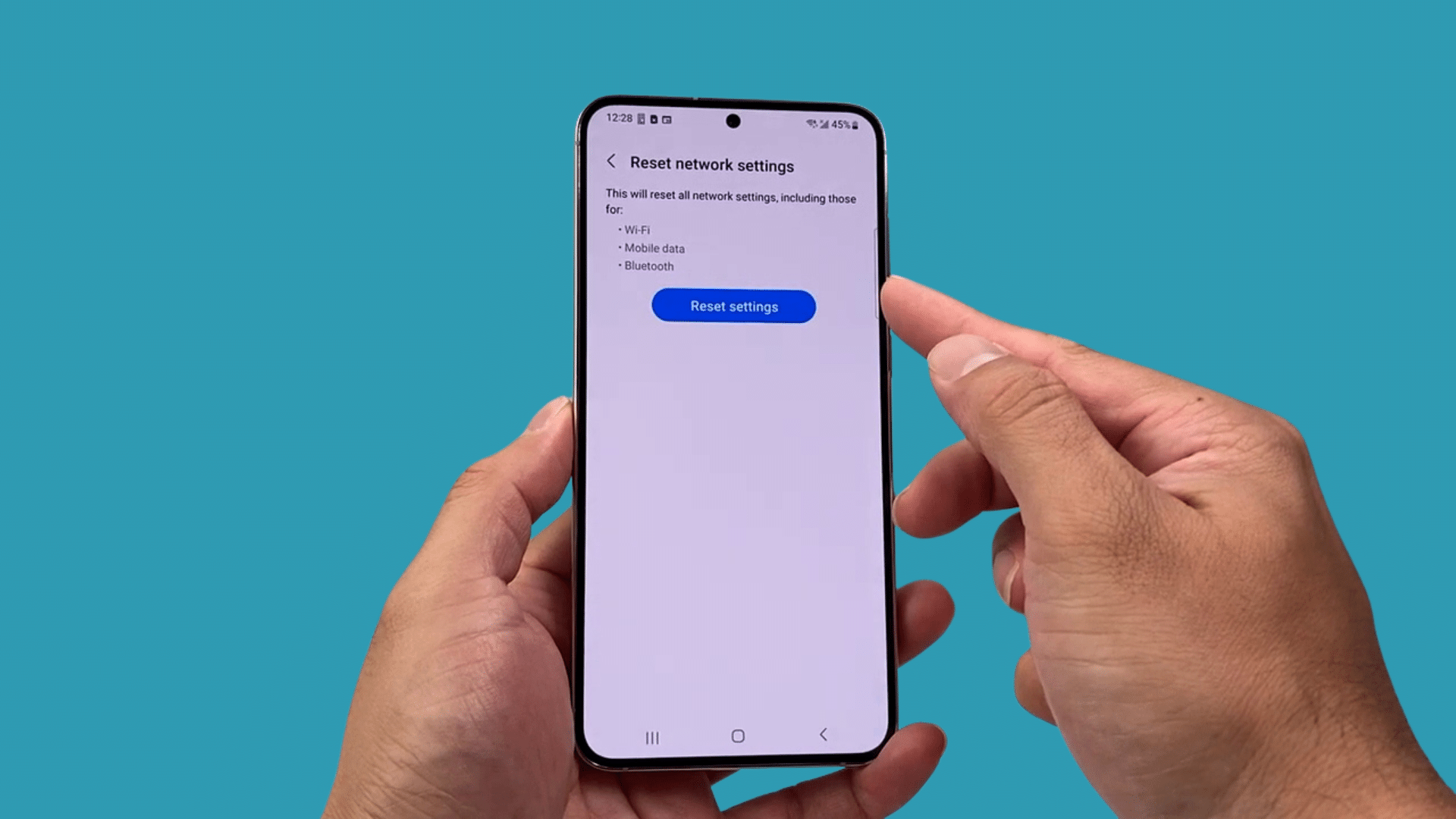 samsung phone reset network settings page with reset settings button highlighted before confirmation