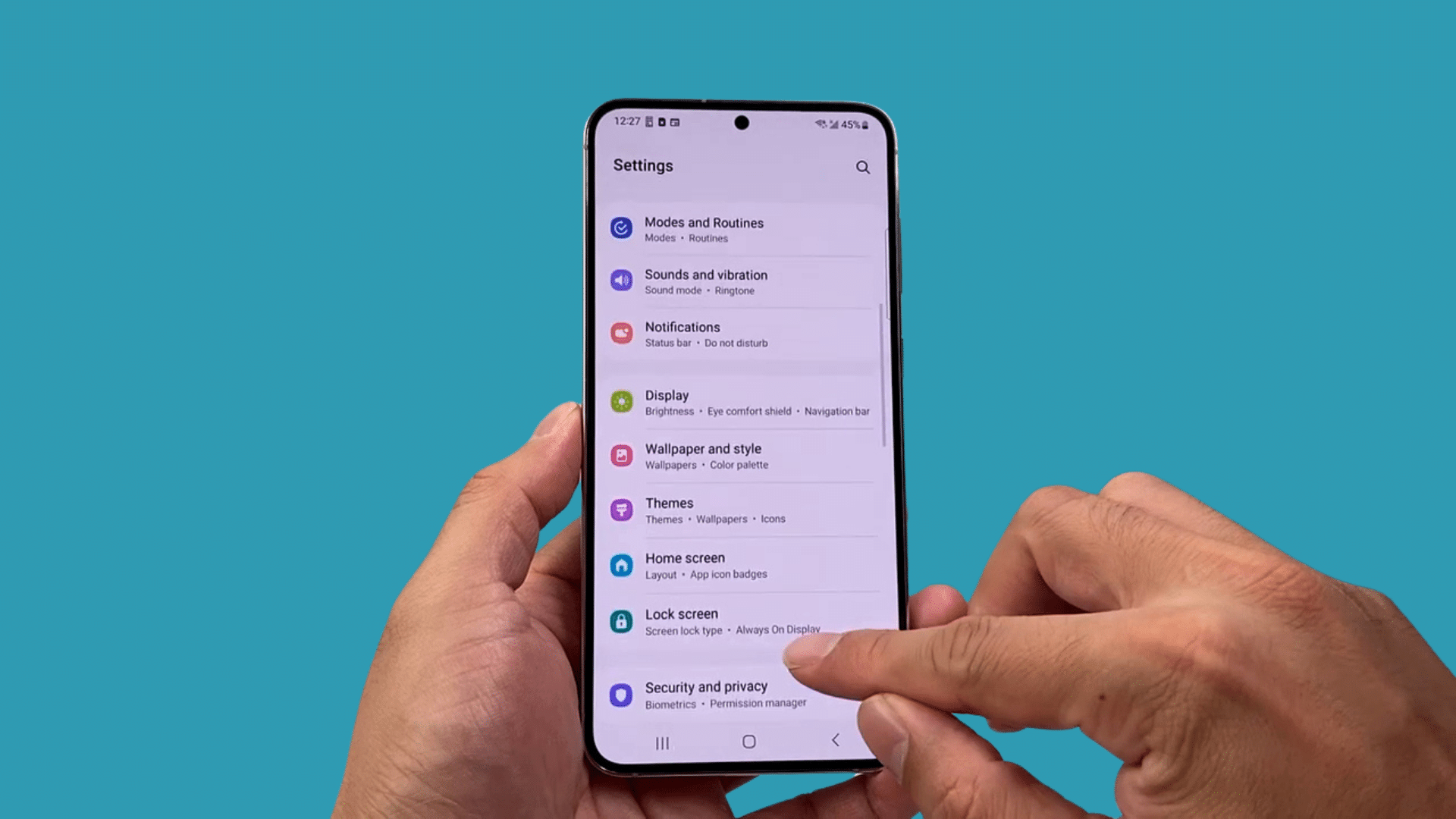 samsung phone settings page with security privacy and display options before accessing general management