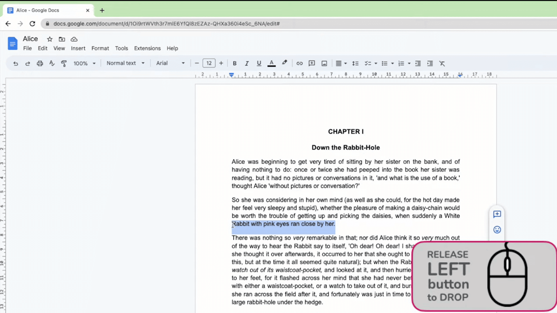 selected text highlighted in google docs before opening the format menu to apply strikethrough