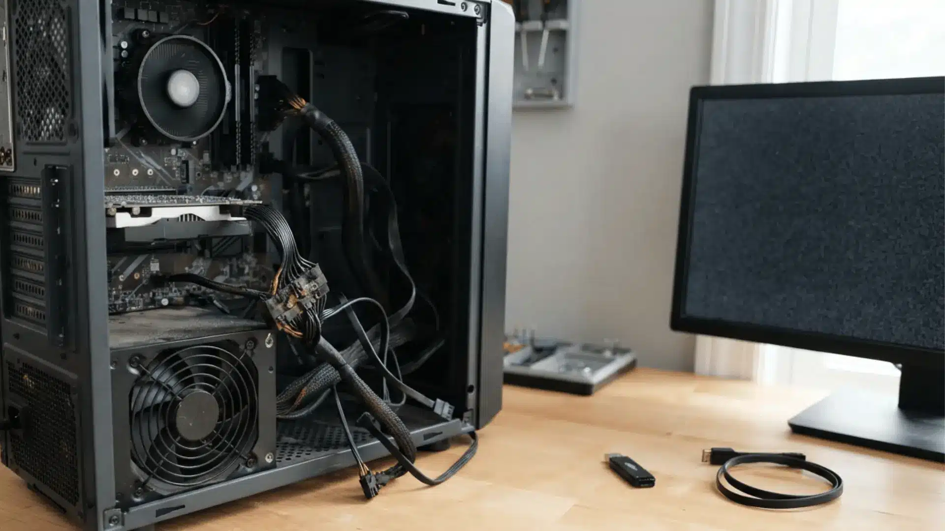 an open desktop computer with exposed power supply cables sits beside a monitor displaying a static screen