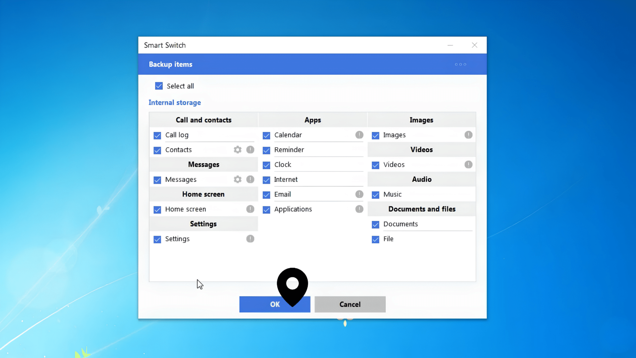 smart switch backup items window with selected data categories and highlighted ok button to confirm backup settings selection