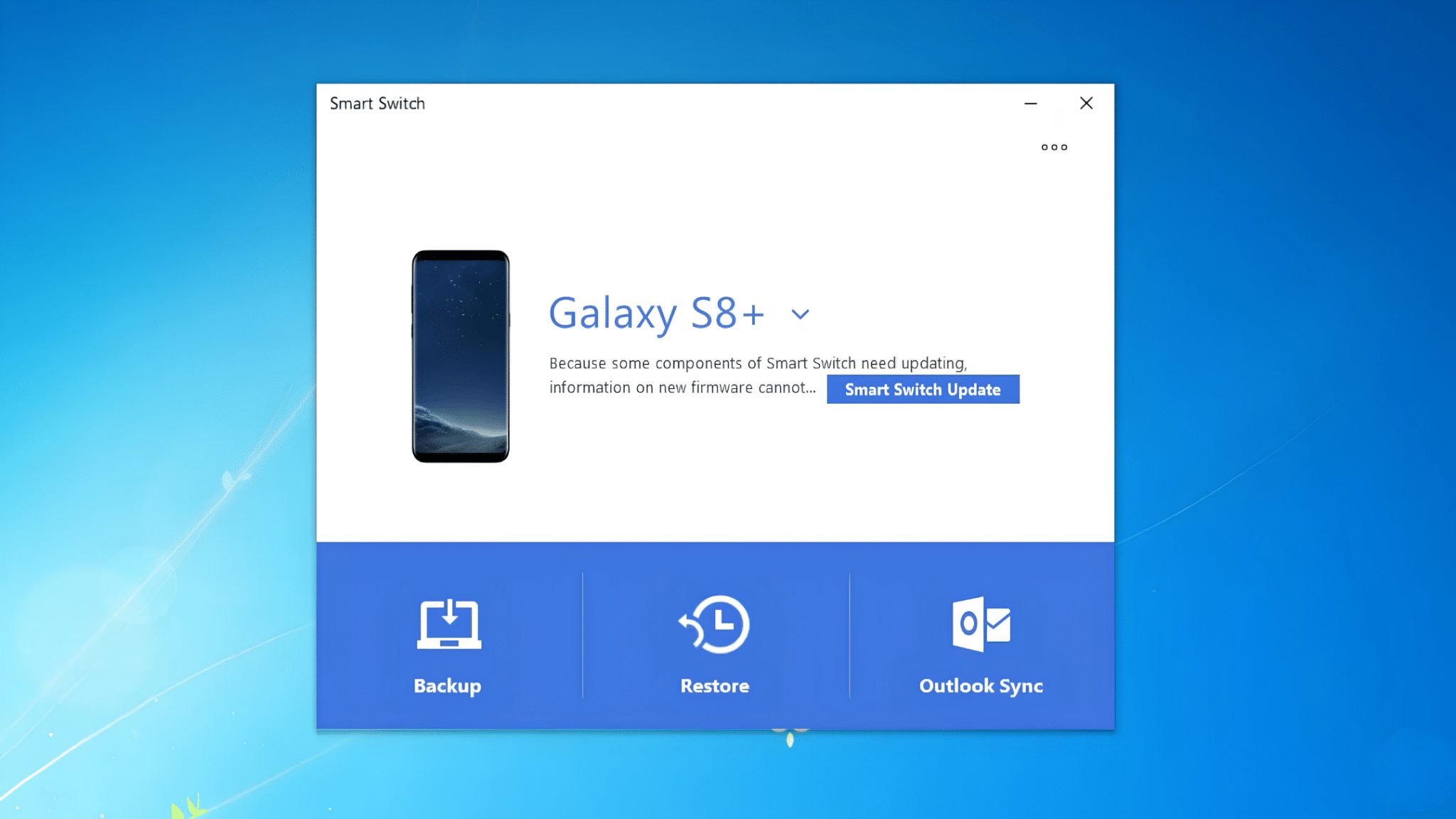 smart switch window displaying galaxy s8 plus connected to a computer with backup restore and outlook sync options available